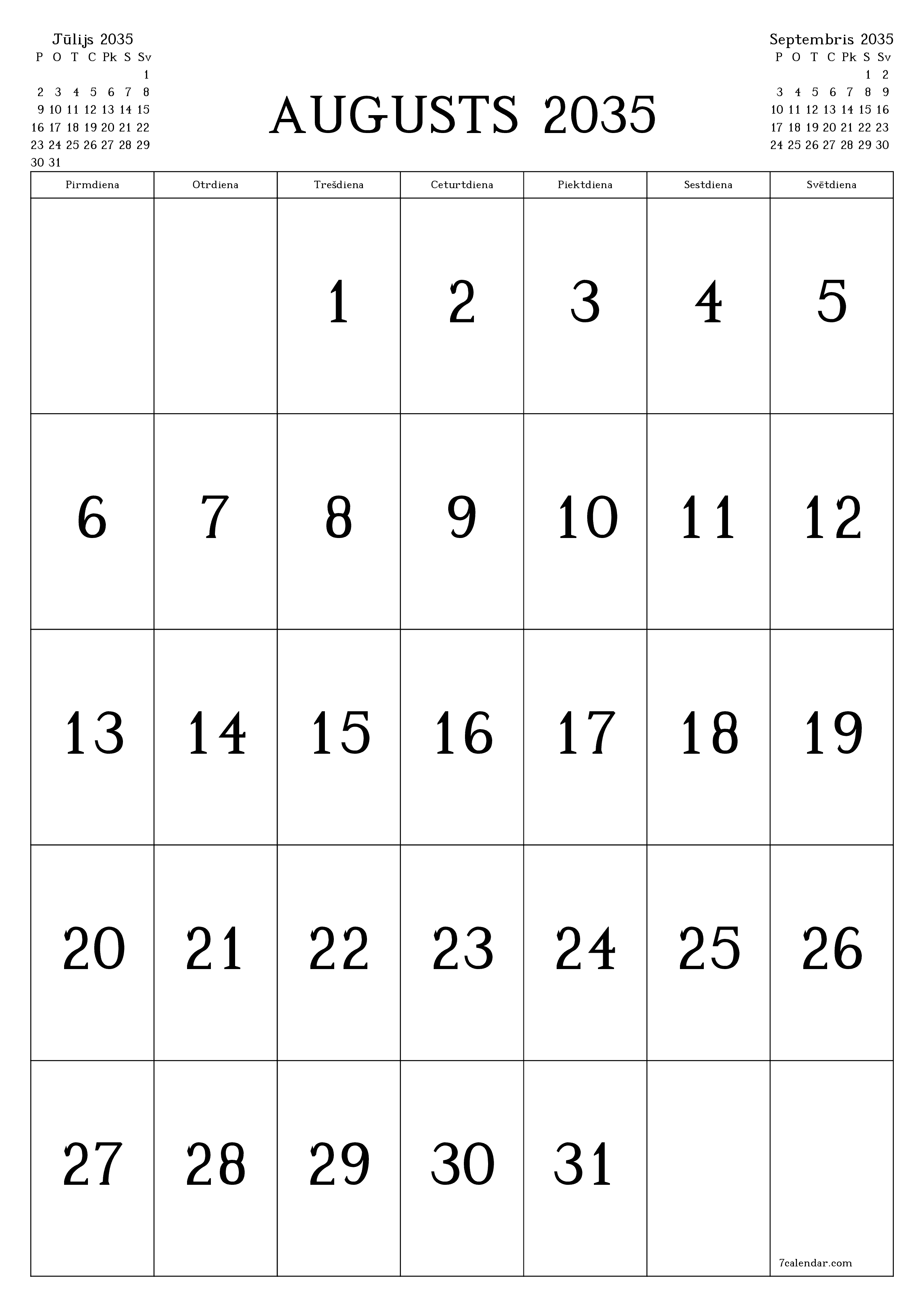 izdrukājams sienas kalendāra veidne bezmaksas vertikāli Mēneša kalendārs Augusts (Aug) 2035