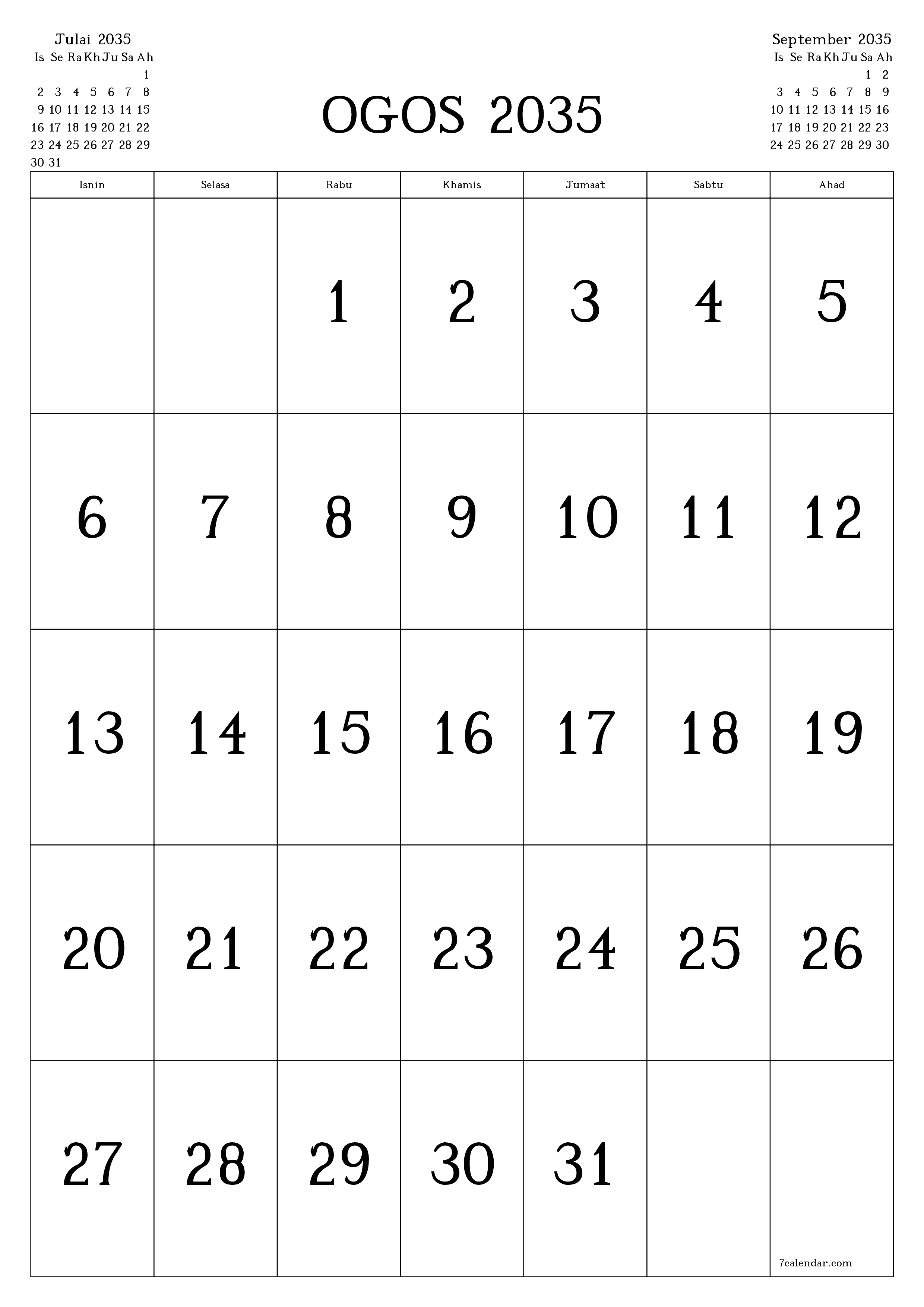  boleh cetak dinding templat percumamenegak Bulanan kalendar Ogos (Ogo) 2035