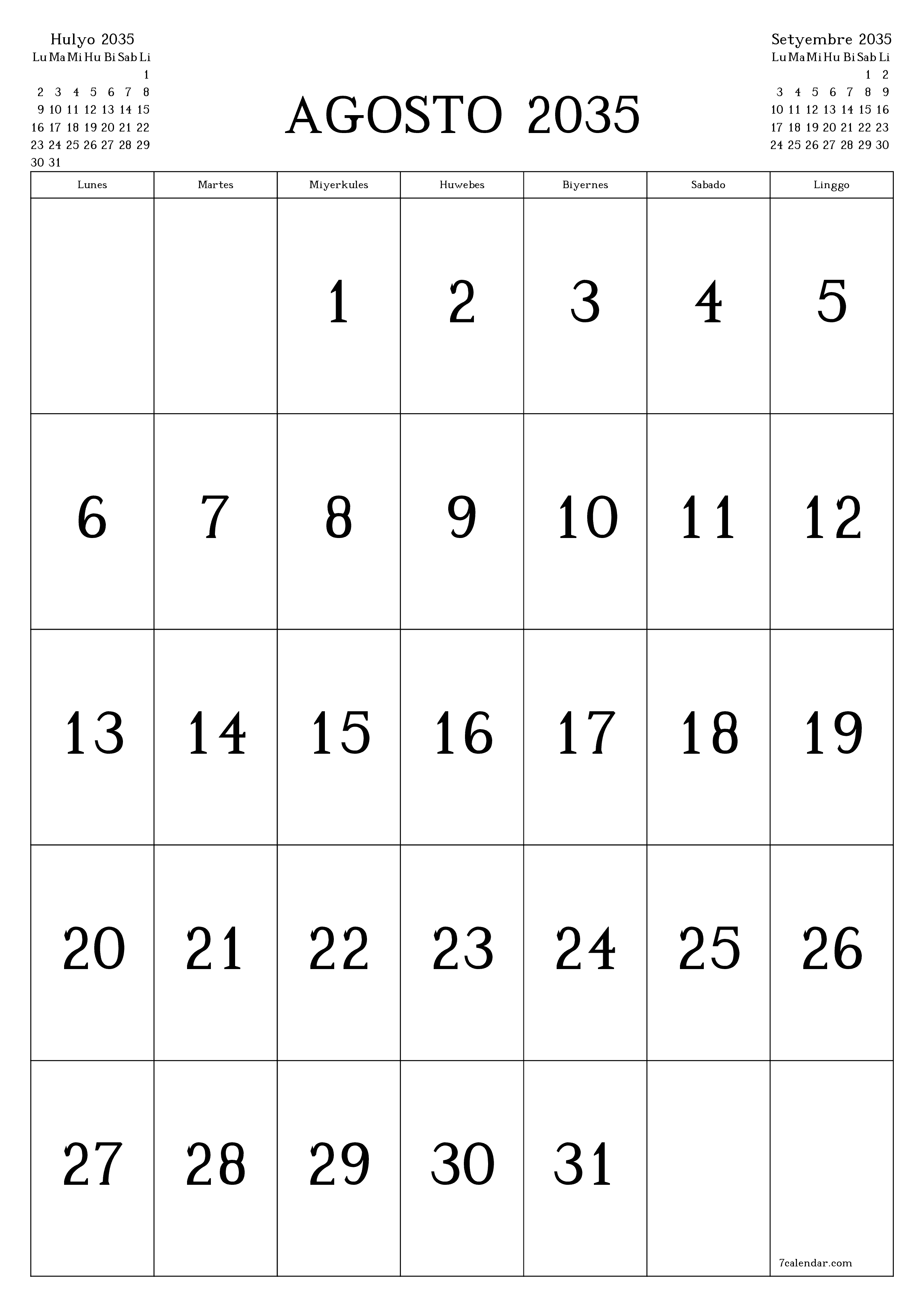 napi-print na sa dingding template ng libreng patayo Buwanang kalendaryo Agosto (Ago) 2035