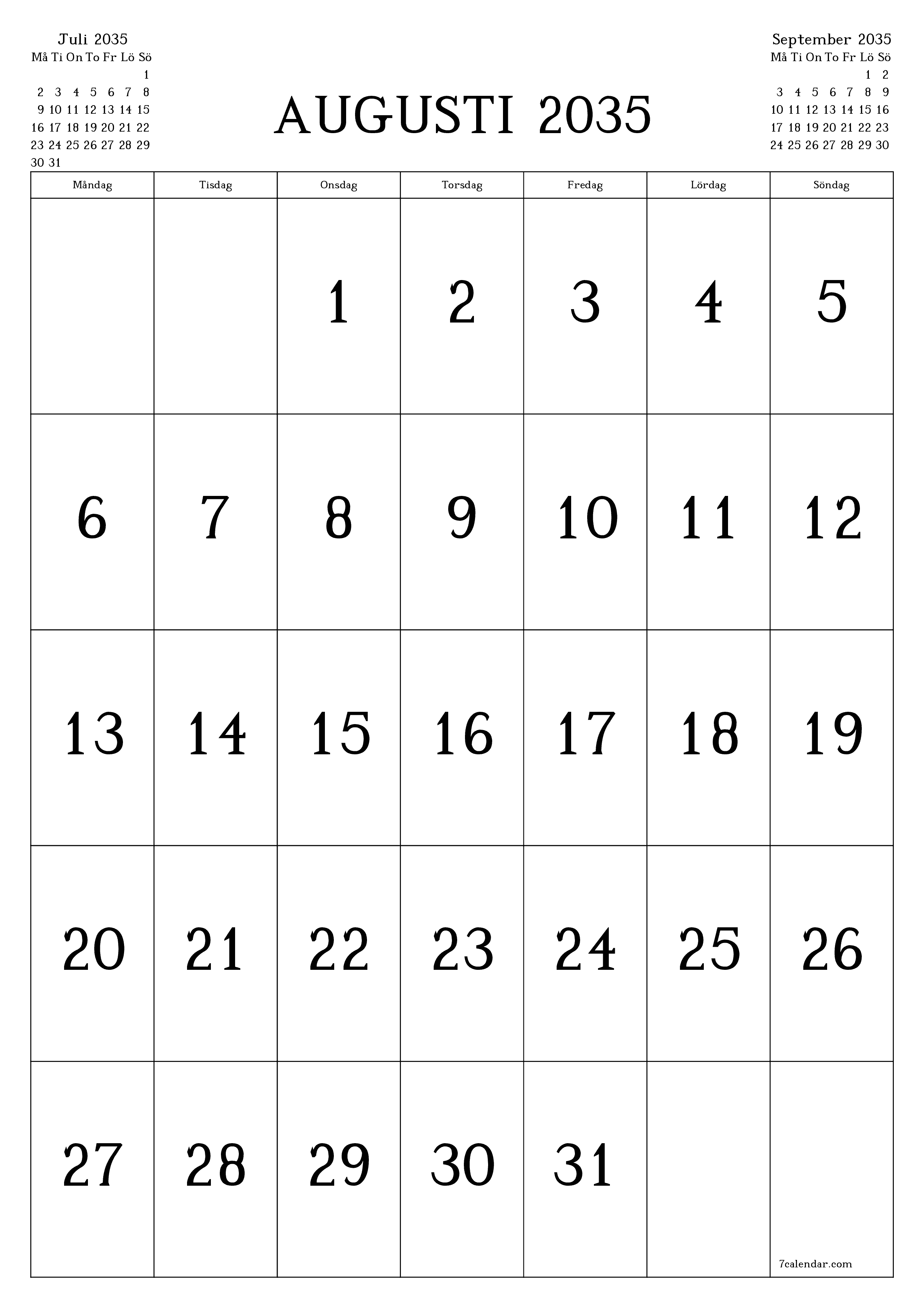 utskrivbar vägg mall gratis vertikal Månatlig kalender Augusti (Aug) 2035