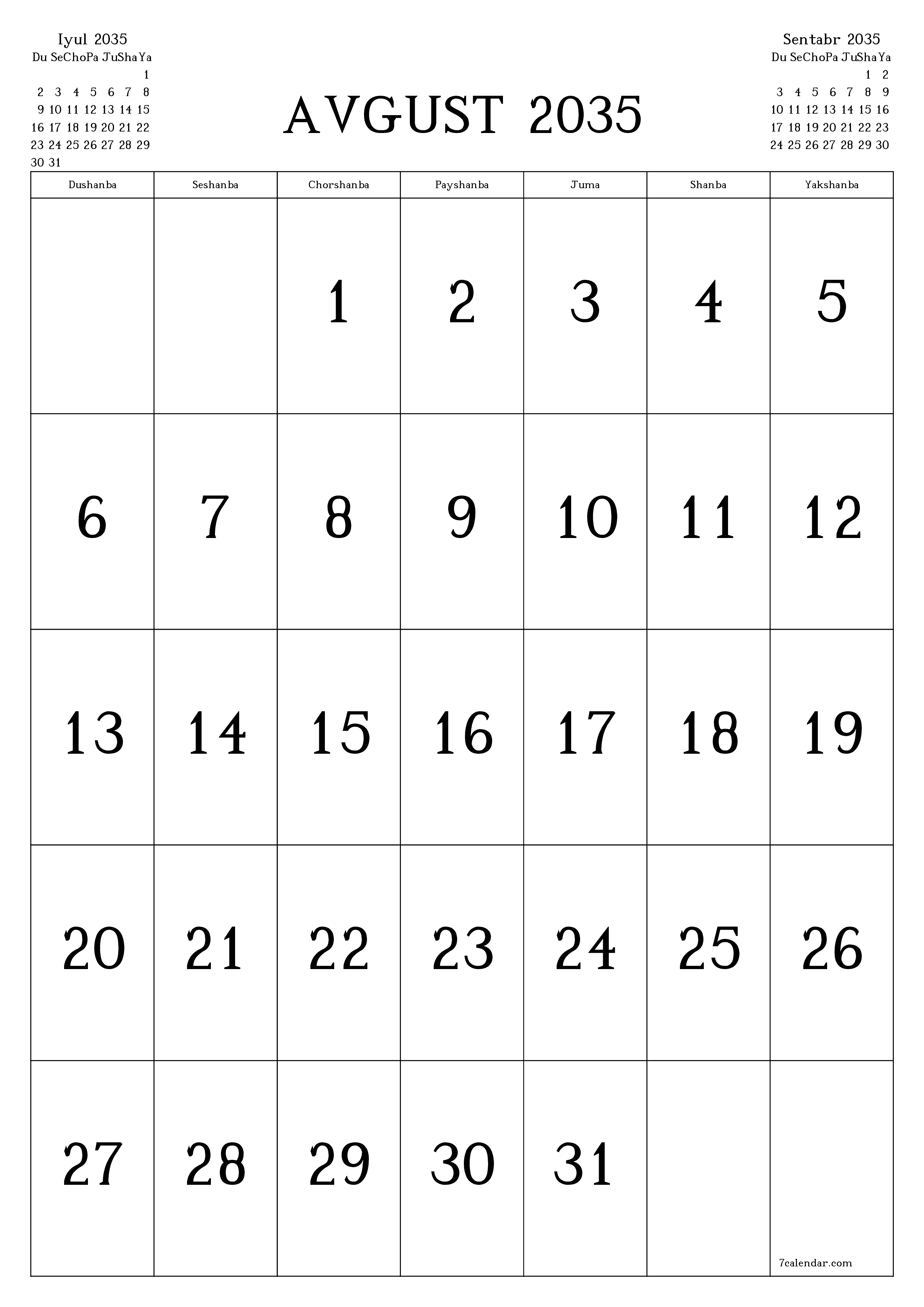 chop etiladigan devor taqvimi shabloni bepul vertikal Oylik kalendar Avgust (Avg) 2035