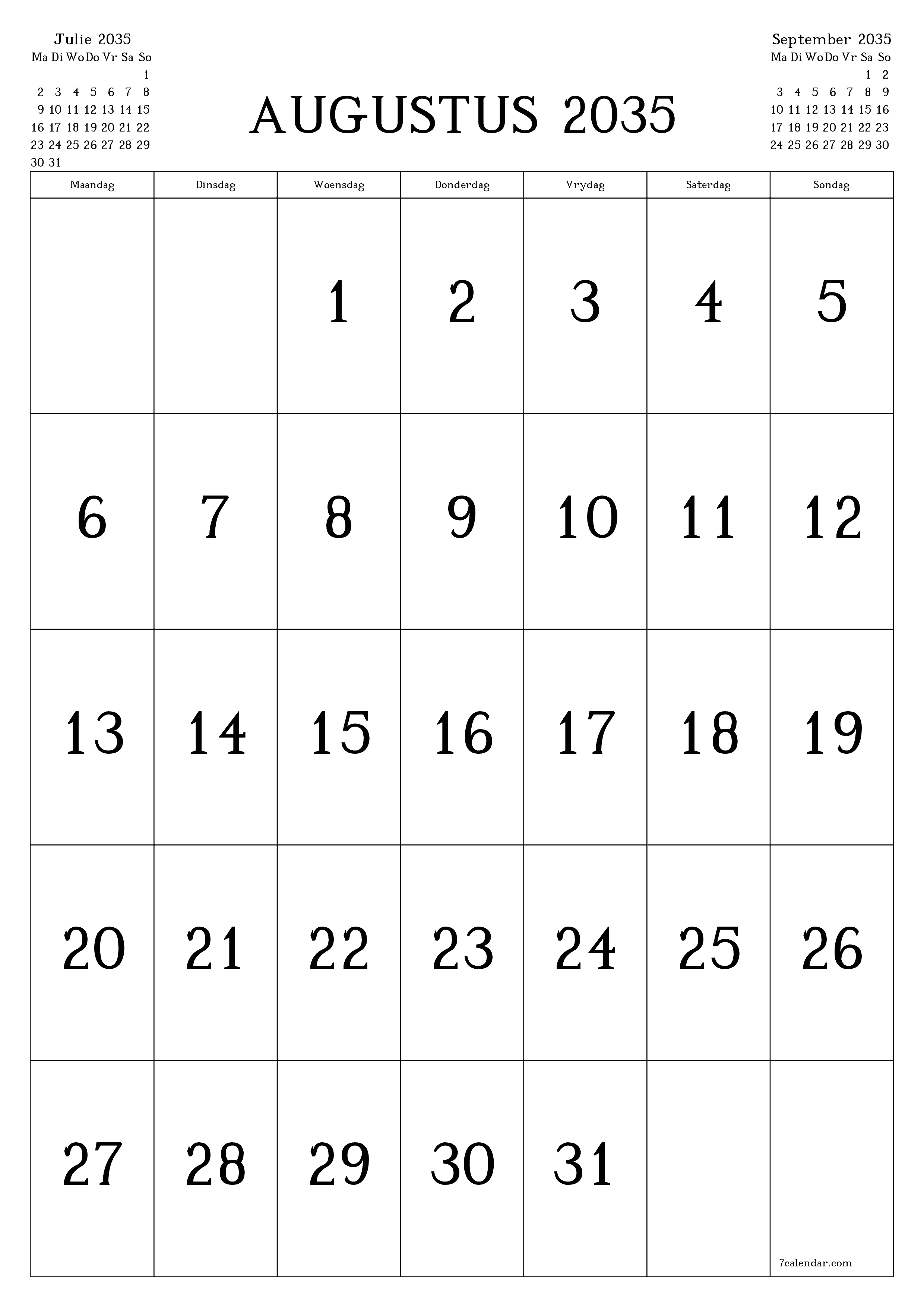 drukbare muur template gratis vertikaal Maandeliks kalender Augustus (Aug) 2035