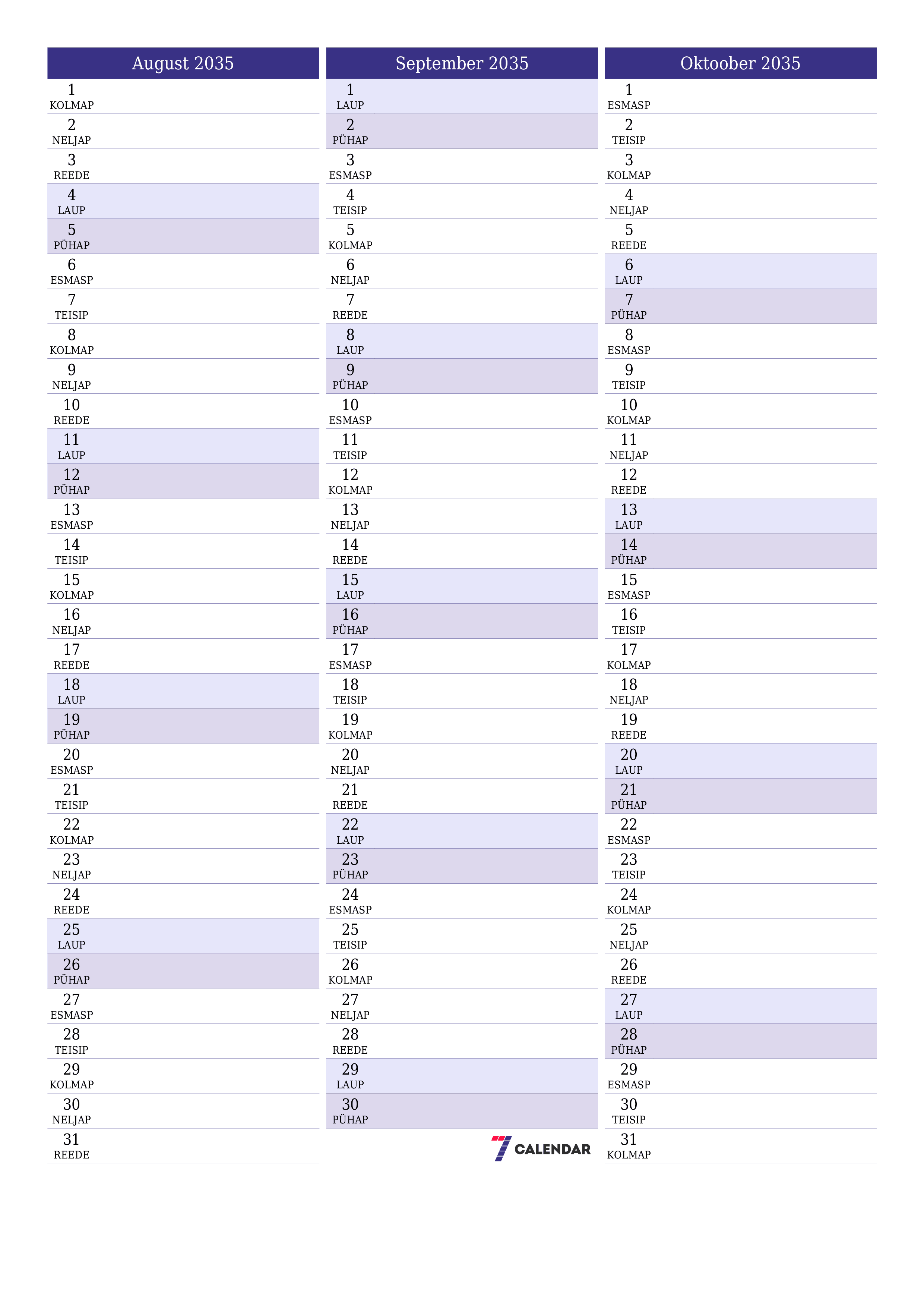 prinditav seina kalendri mall tasuta vertikaalne Igakuine planeerija kalender August (Aug) 2035