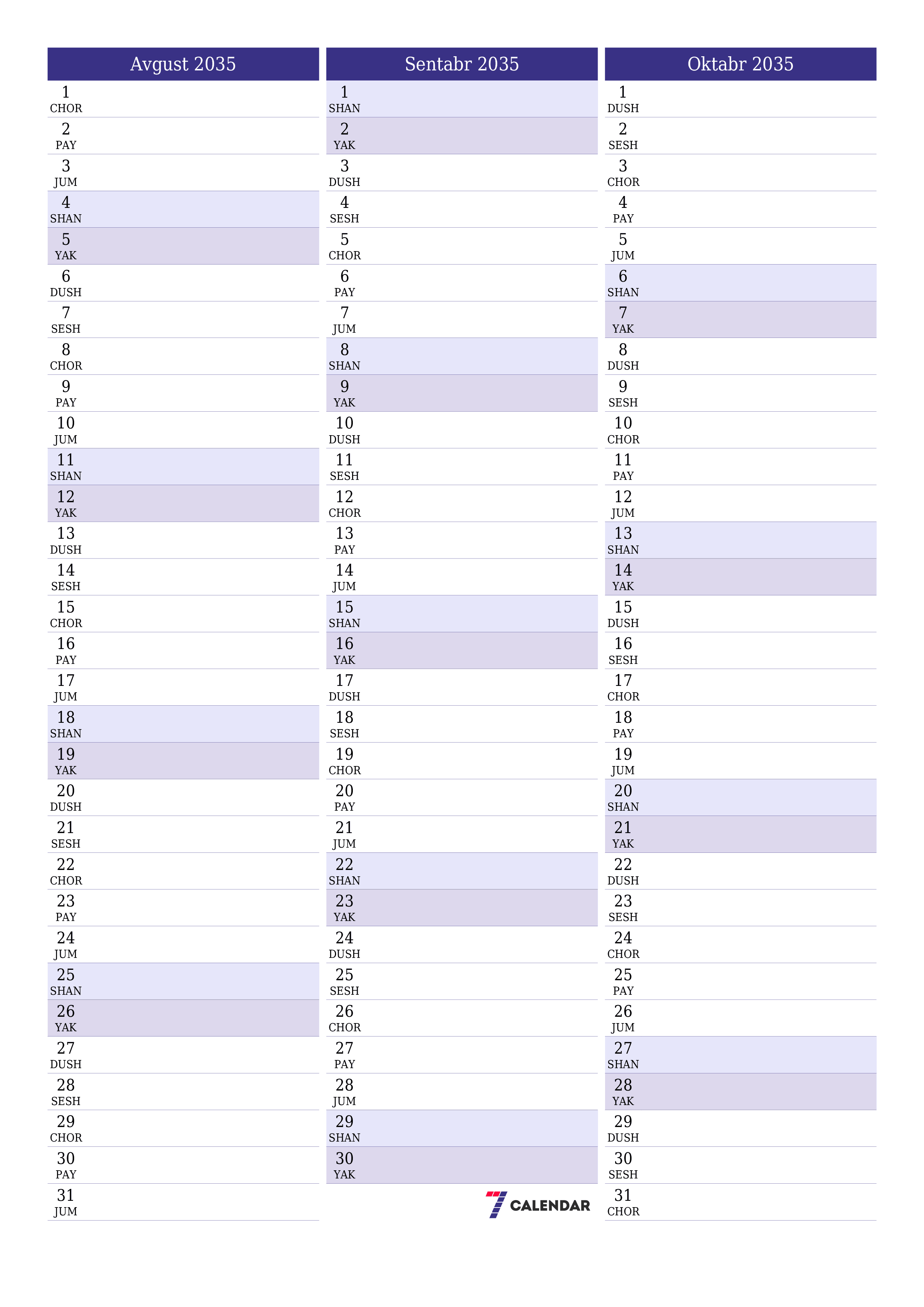 chop etiladigan devor taqvimi shabloni bepul vertikal Oylik rejalashtiruvchi kalendar Avgust (Avg) 2035
