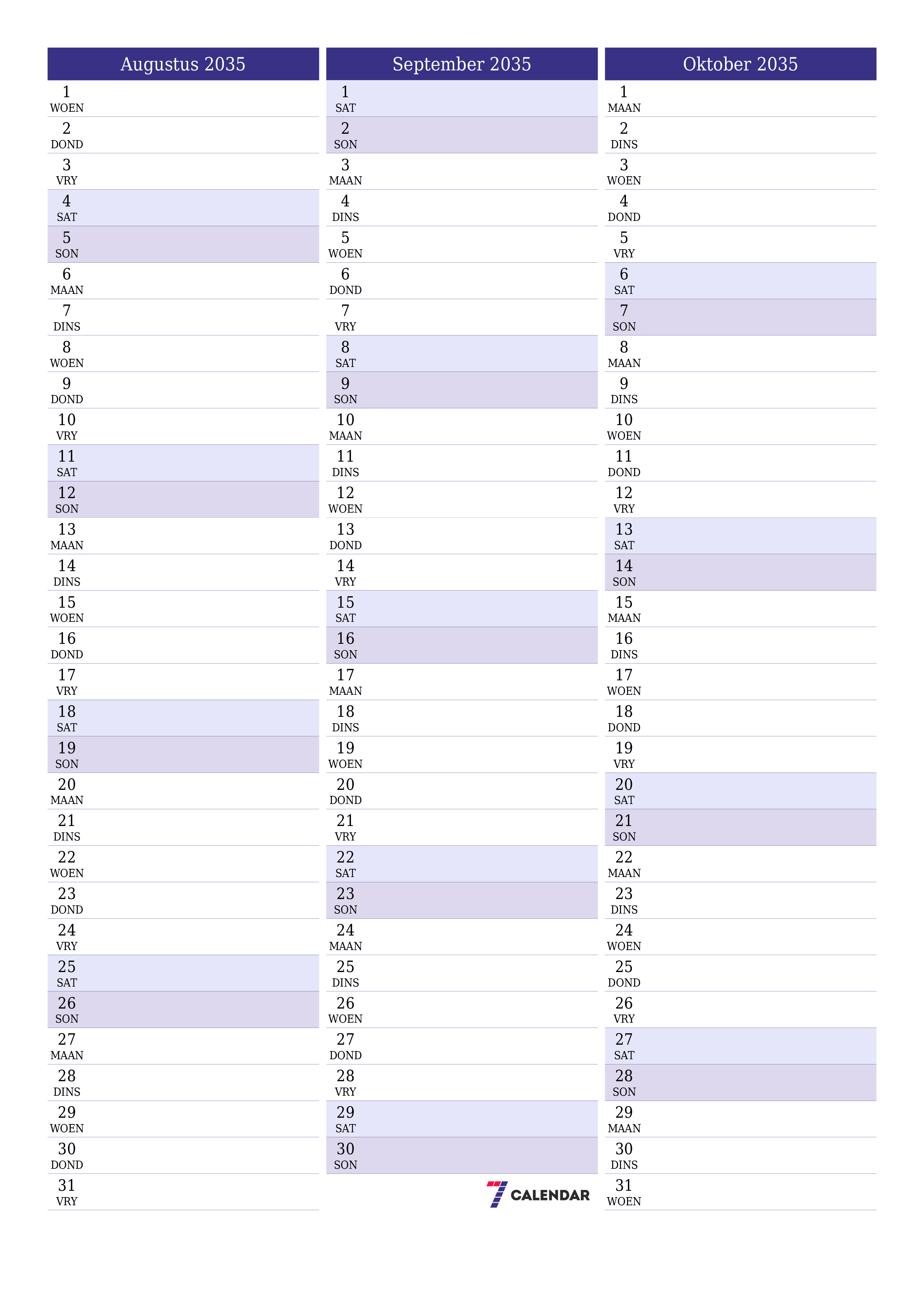 drukbare muur template gratis vertikaal Maandeliks beplanner kalender Augustus (Aug) 2035