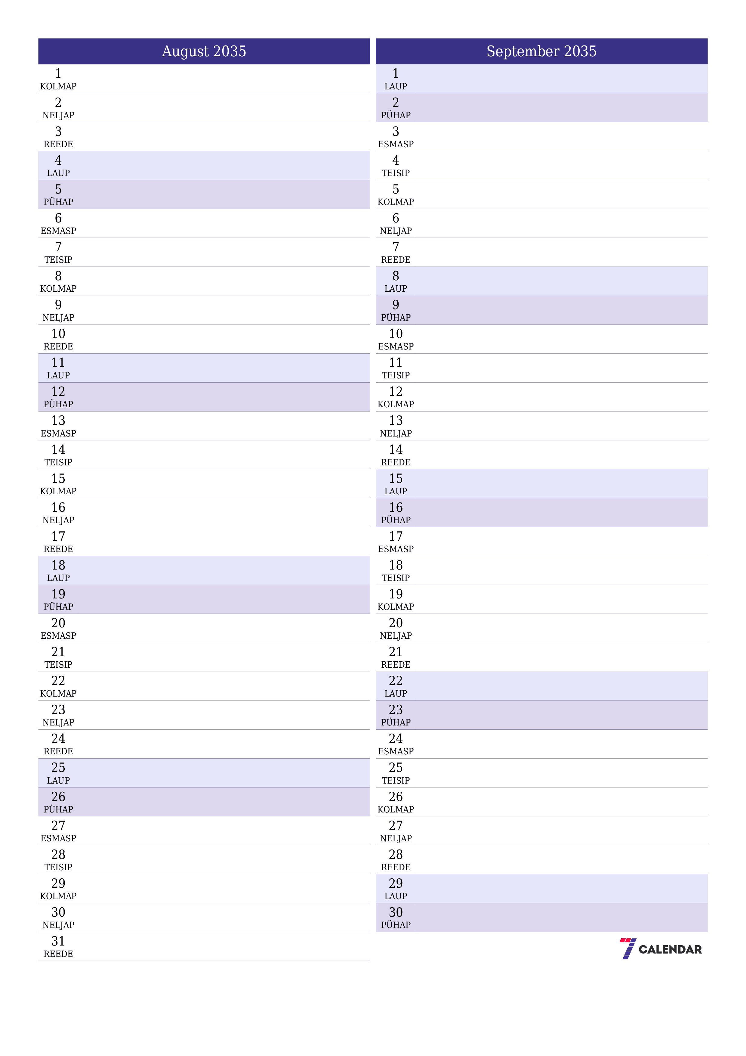 prinditav seina kalendri mall tasuta vertikaalne Igakuine planeerija kalender August (Aug) 2035