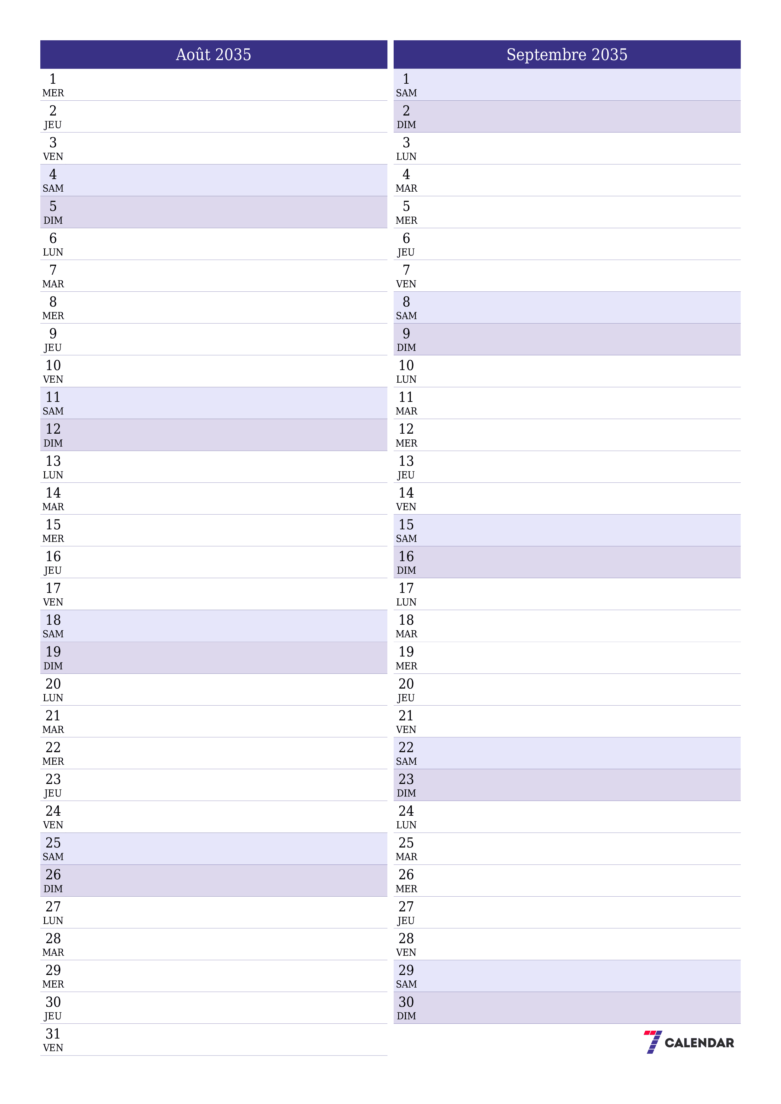 Agenda mensuel vide pour le mois Août 2035 avec notes, enregistrez et imprimez au format PDF PNG French
