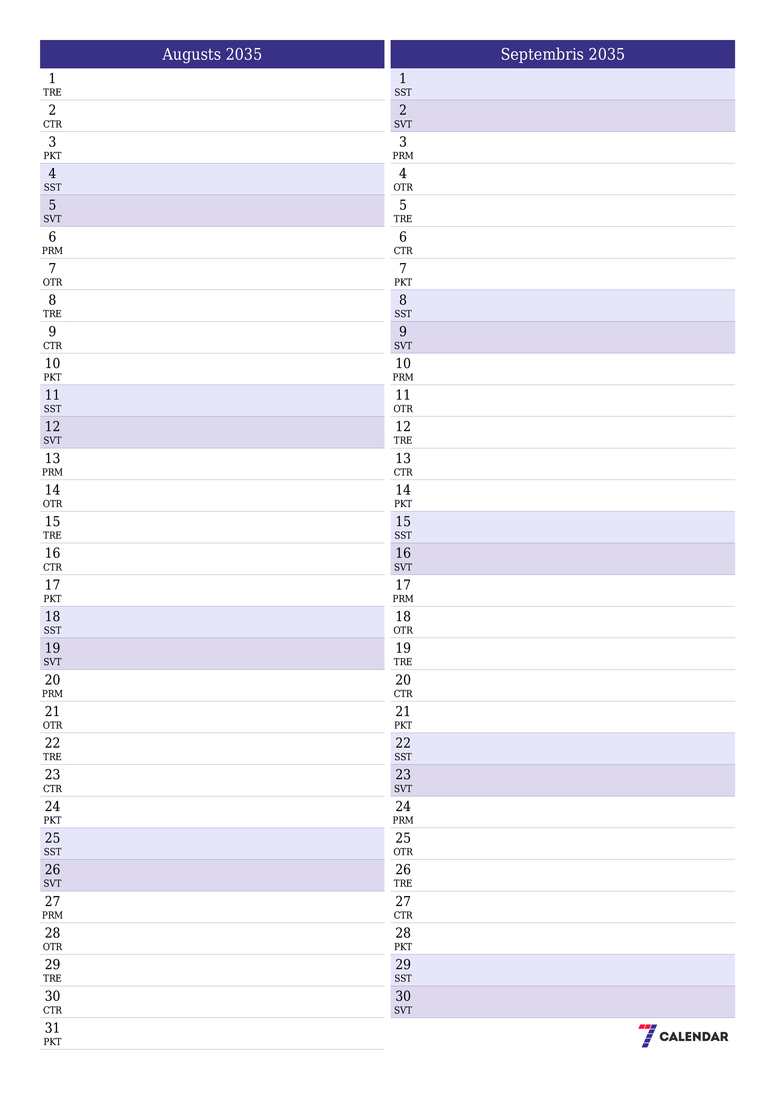 izdrukājams sienas kalendāra veidne bezmaksas vertikāli Mēneša plānotājs kalendārs Augusts (Aug) 2035