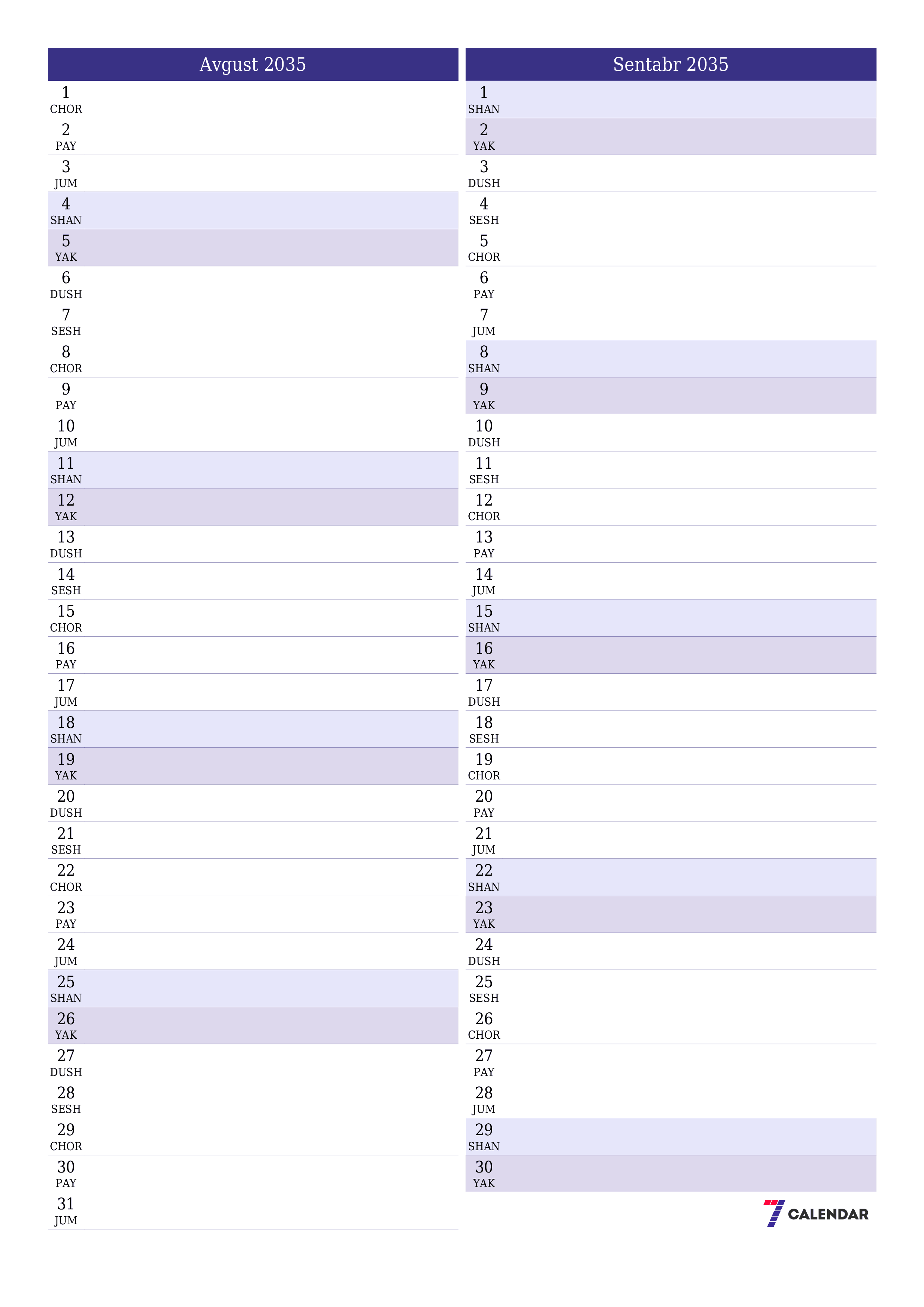 chop etiladigan devor taqvimi shabloni bepul vertikal Oylik rejalashtiruvchi kalendar Avgust (Avg) 2035