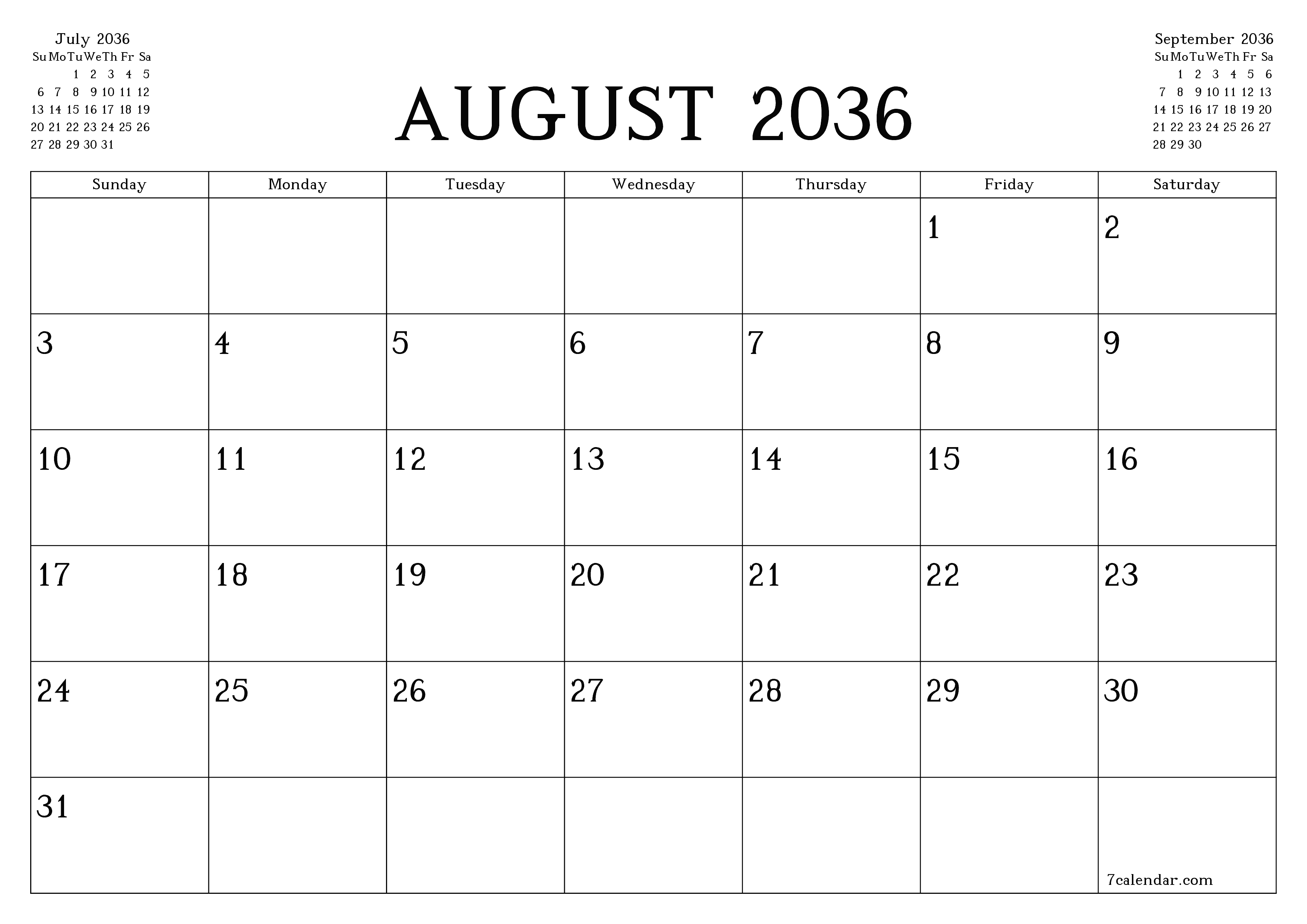 Blank calendar August 2036