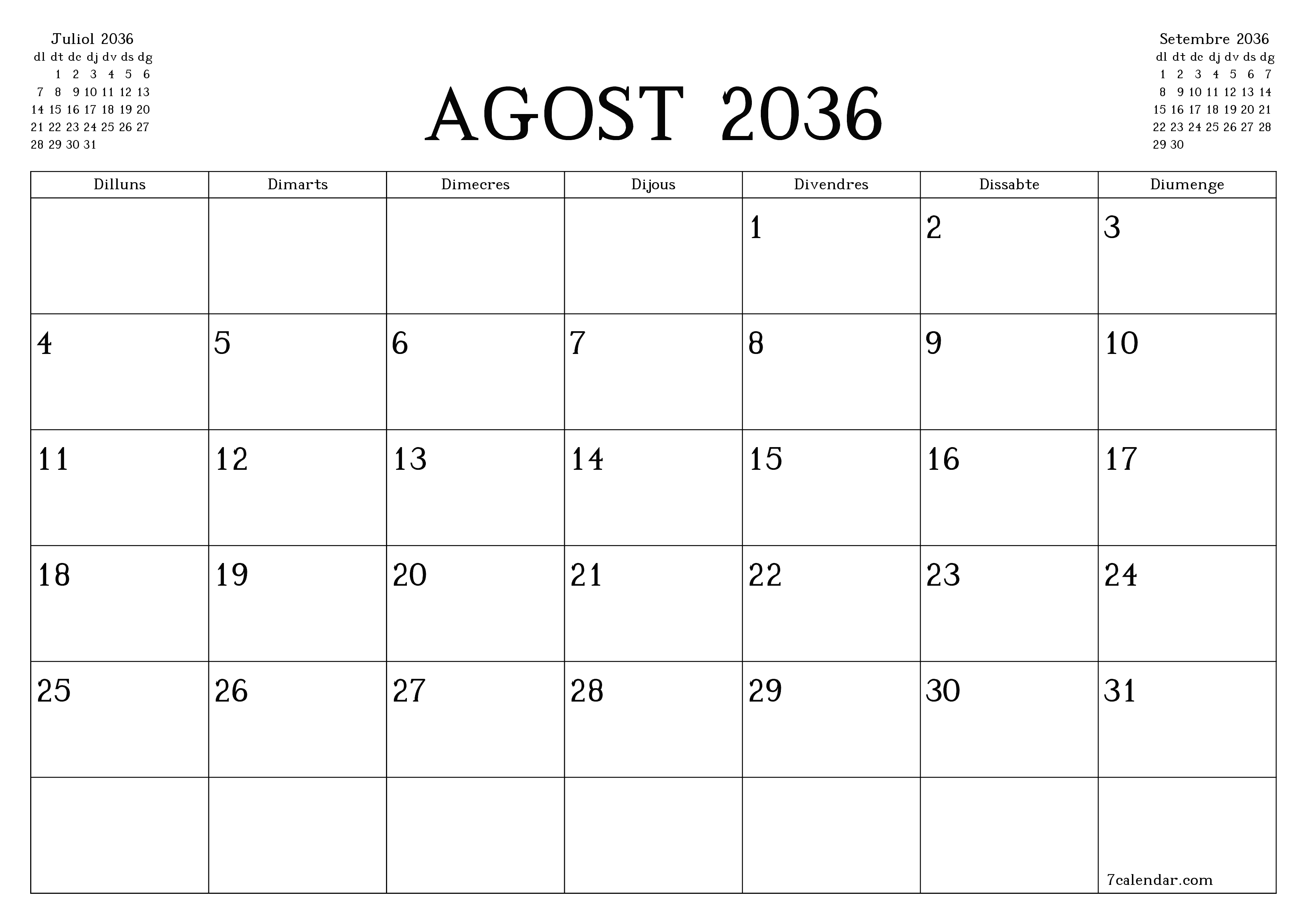 Planificador mensual buit del mes Agost 2036 amb notes, deseu-lo i imprimiu-lo en format PDF PNG Catalan