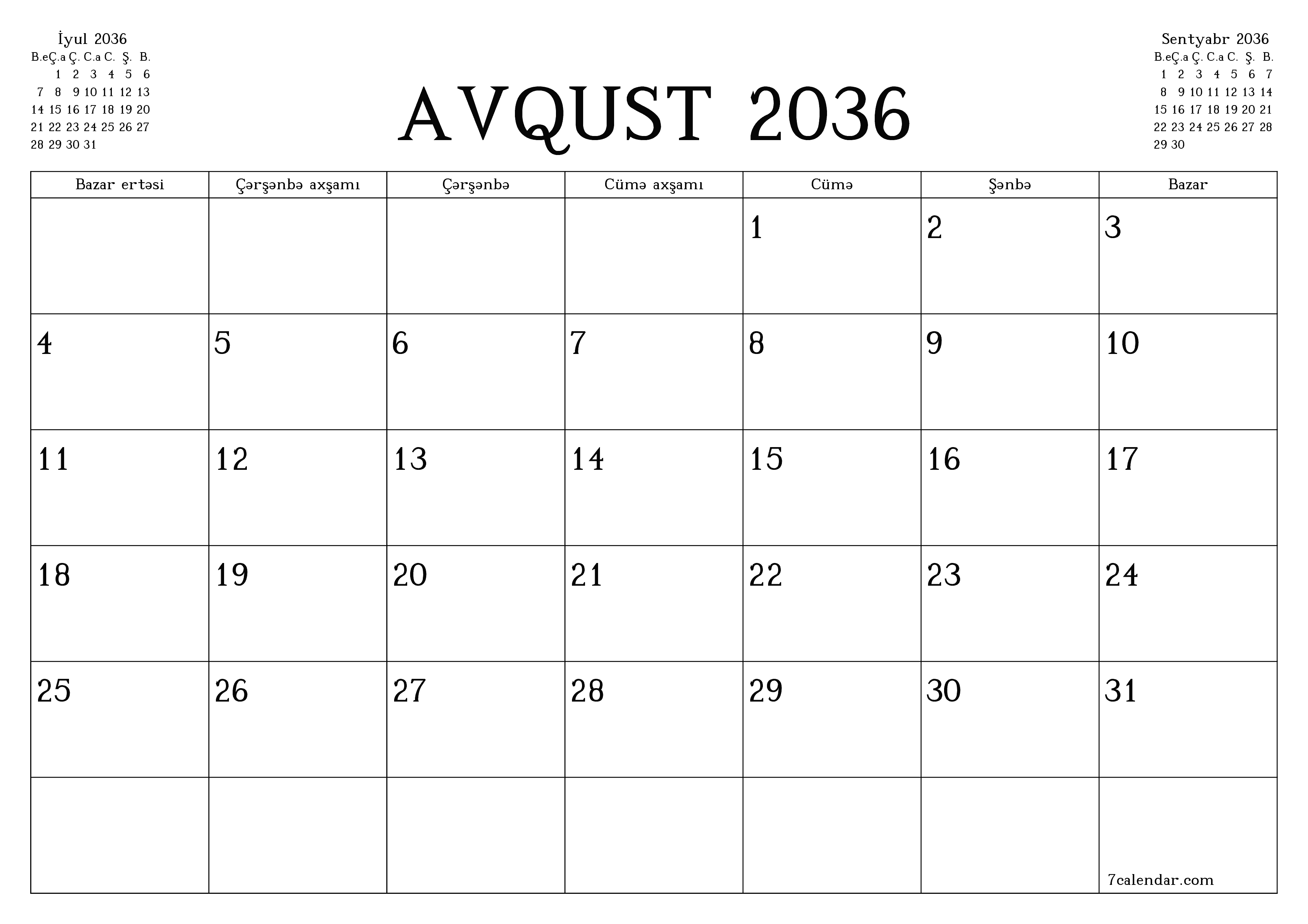 Avqust 2036 ayı üçün qeydlər ilə boş aylıq planlayıcı, qeyd edin və PDF-ə yazdırın PNG Azerbaijani