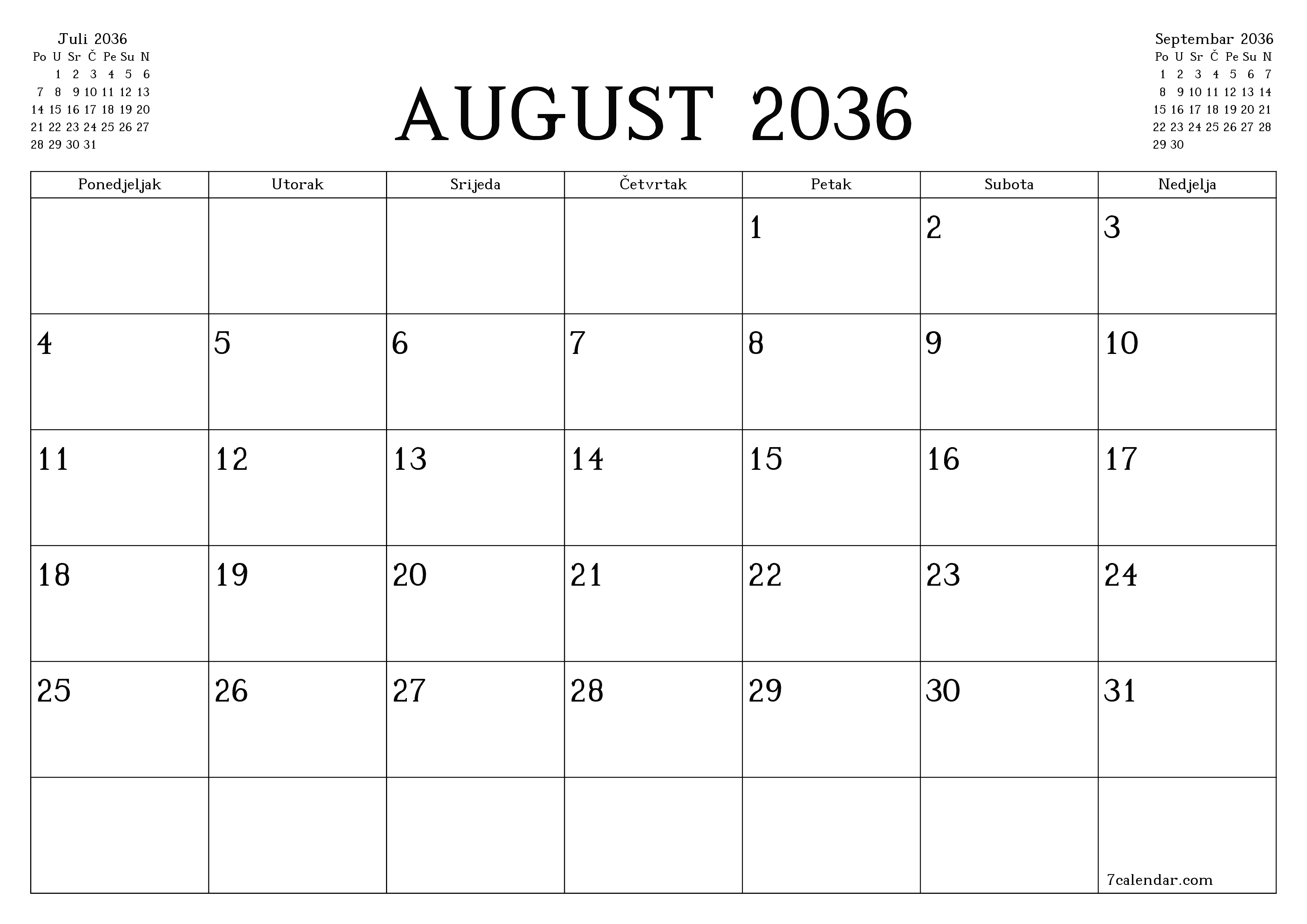 Ispraznite mjesečni planer za mjesec August 2036 s bilješkama, spremite i ispišite u PDF PNG Bosnian