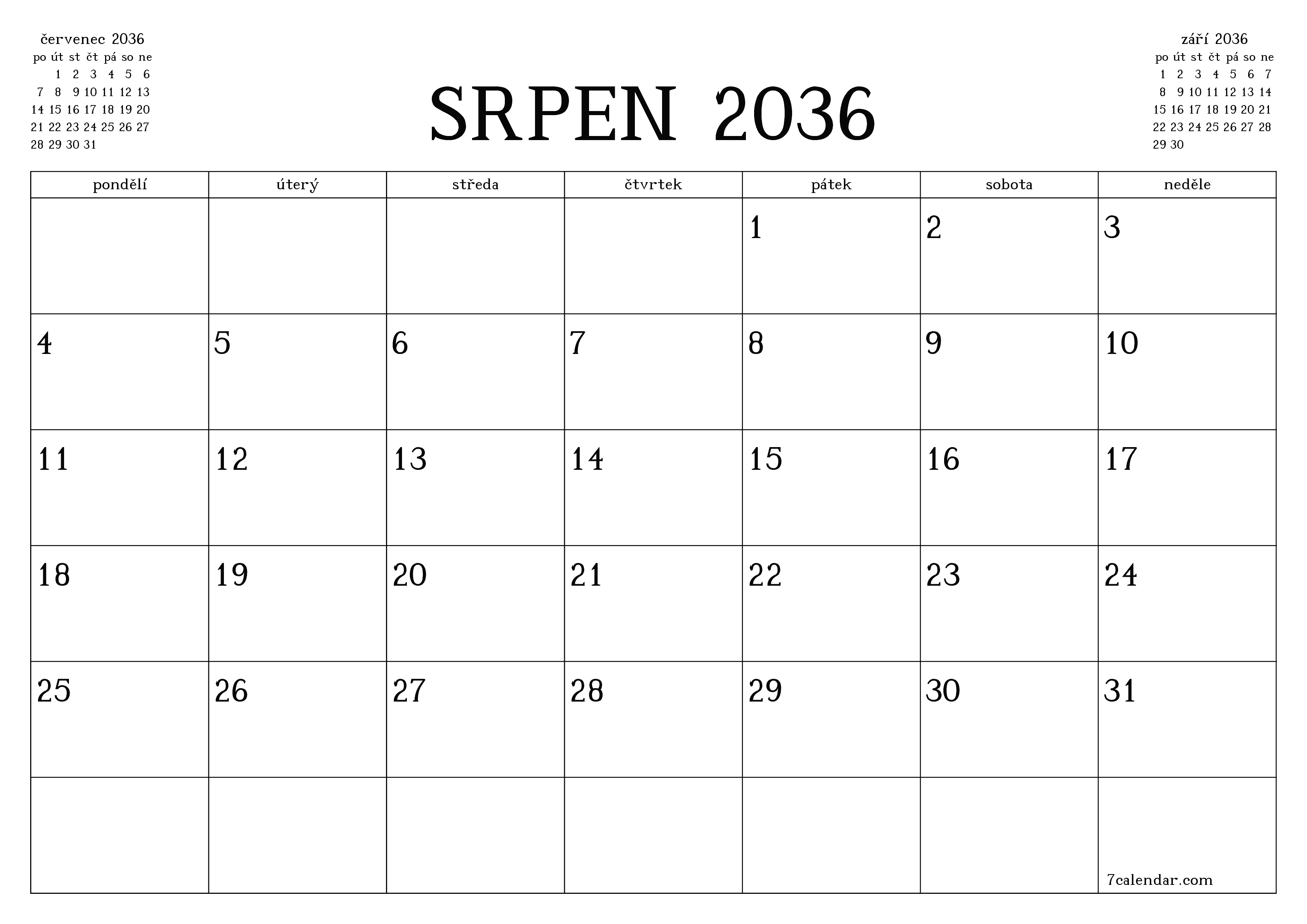 Vyprázdnit měsíční plánovač na měsíc srpen 2036 s poznámkami, uložit a vytisknout do PDF PNG Czech