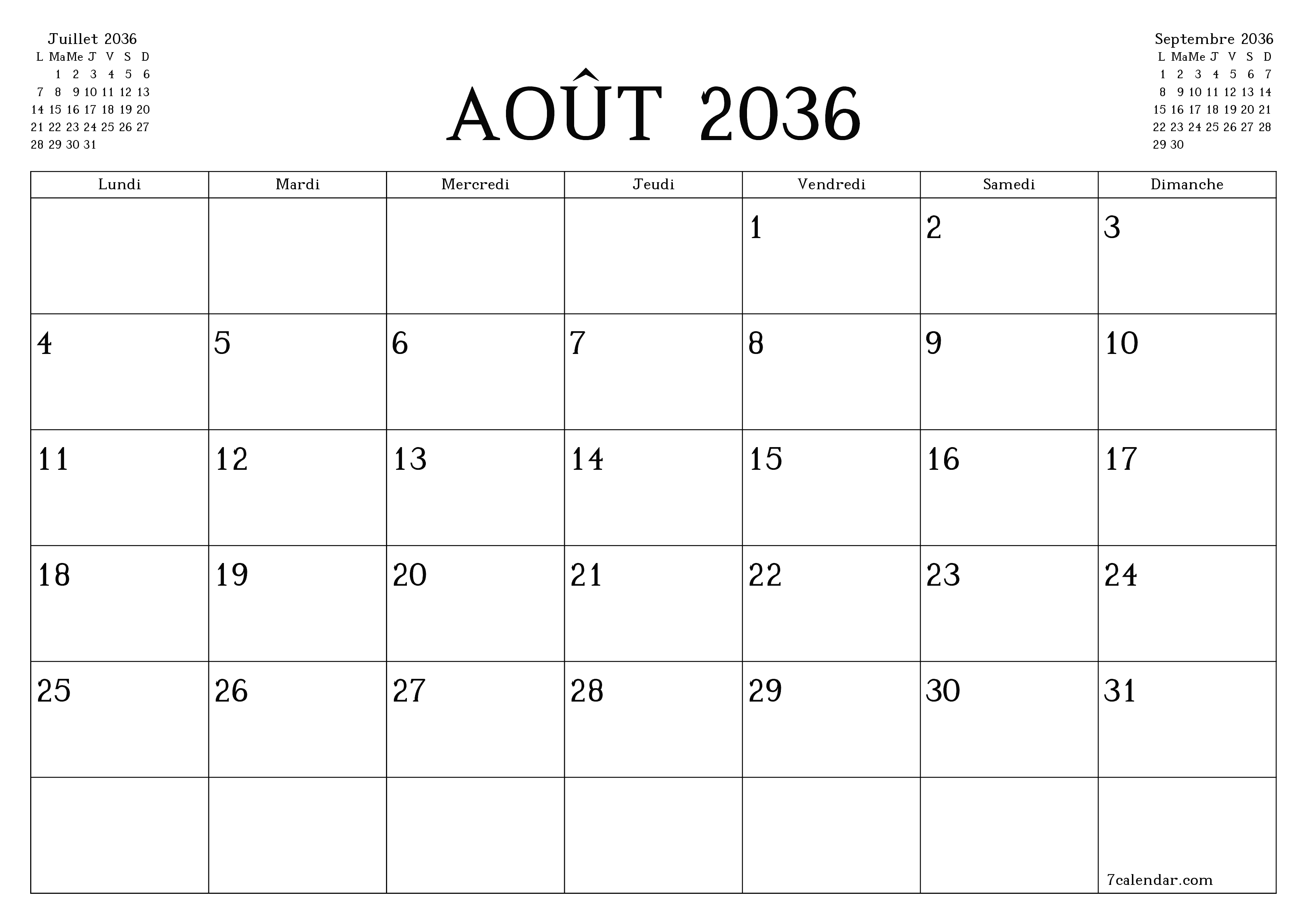 Agenda mensuel vide pour le mois Août 2036 avec notes, enregistrez et imprimez au format PDF PNG French