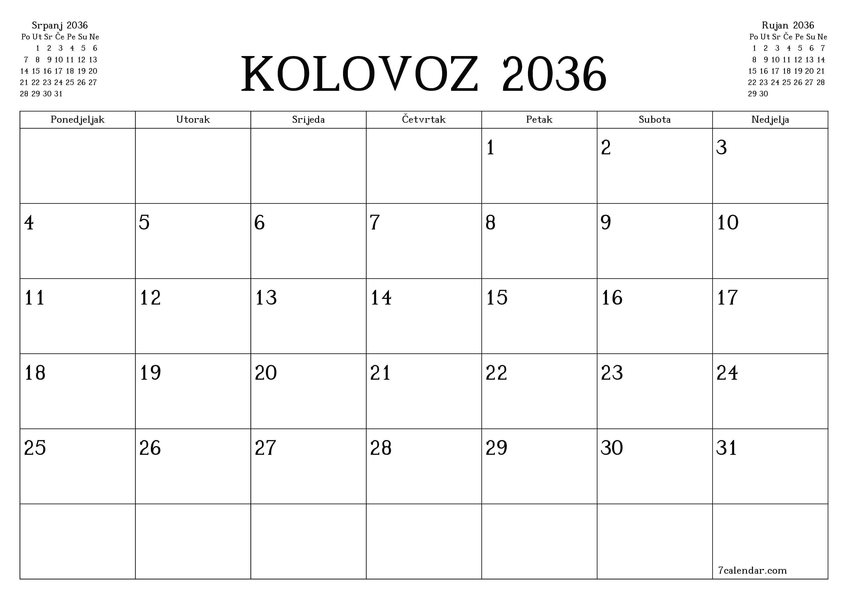 Ispraznite mjesečni planer za mjesec Kolovoz 2036 s bilješkama, spremite i ispišite u PDF PNG Croatian