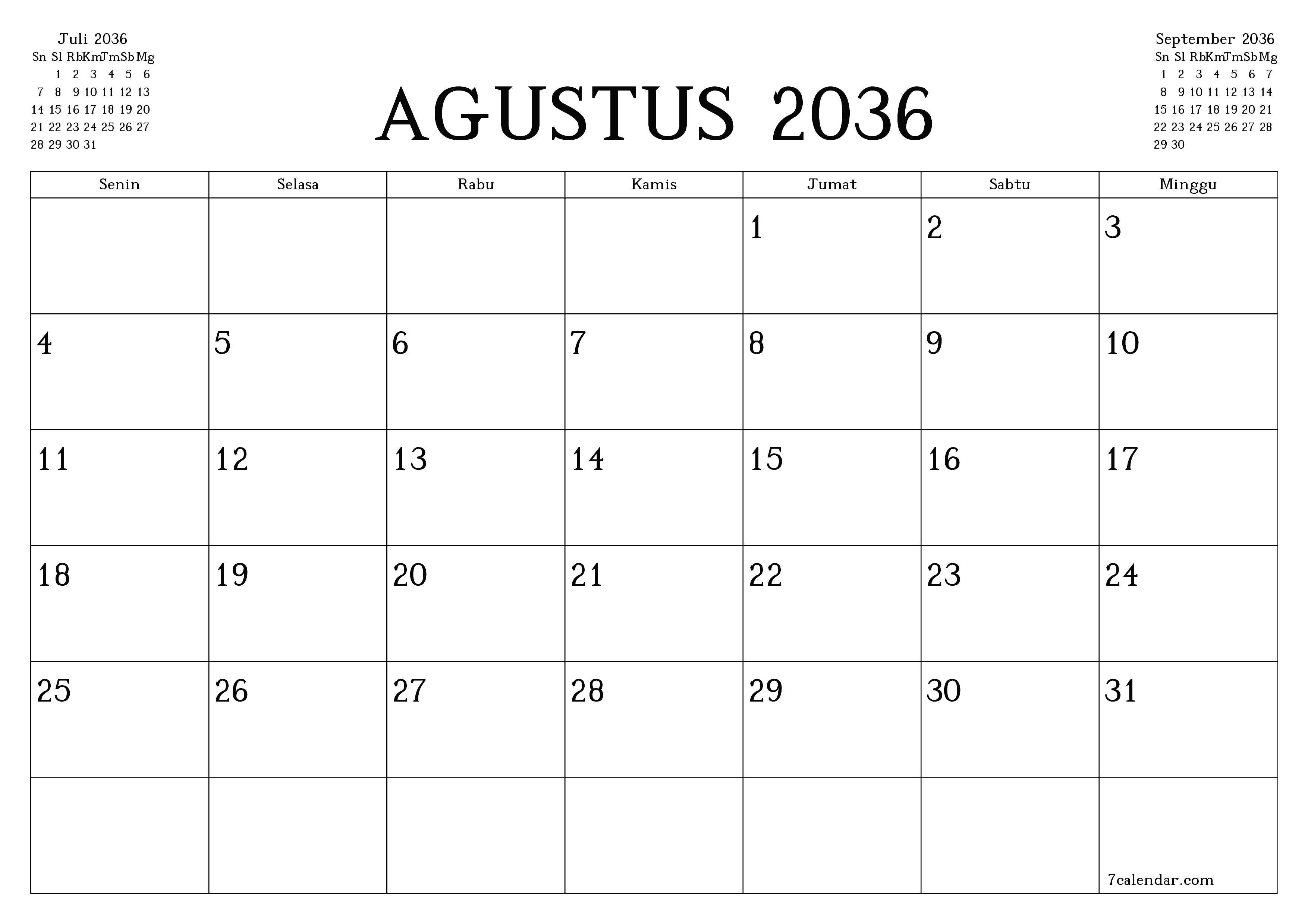 Kosongkan agenda bulanan untuk bulan Agustus 2036 dengan catatan, simpan dan cetak ke PDF PNG Indonesian