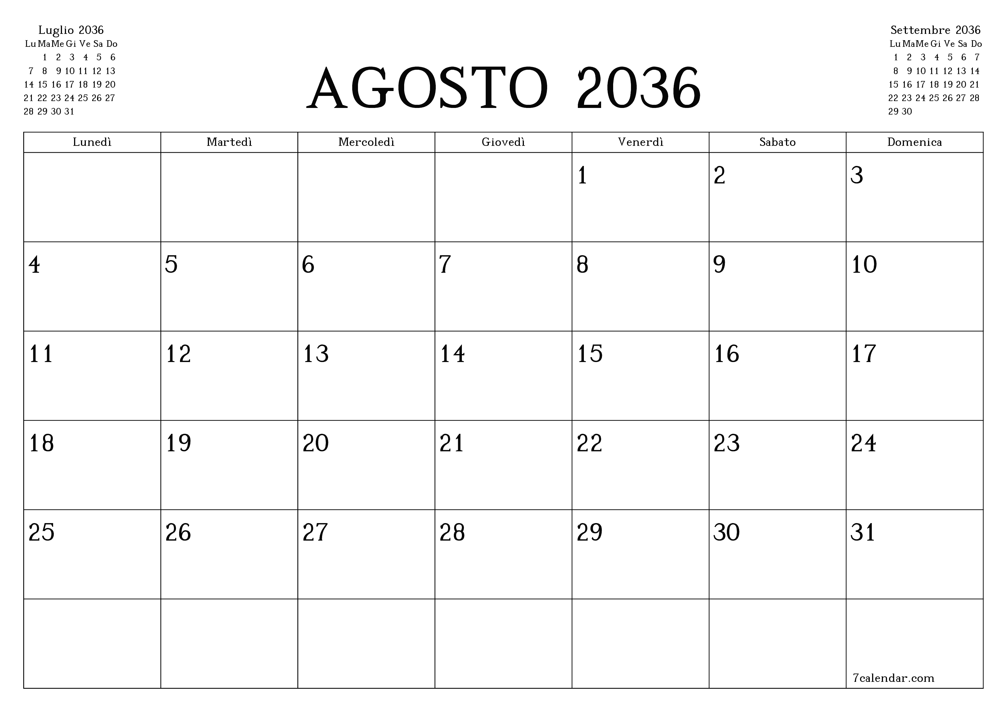 Pianificatore mensile vuoto per il mese Agosto 2036 con note, salva e stampa in PDF PNG Italian