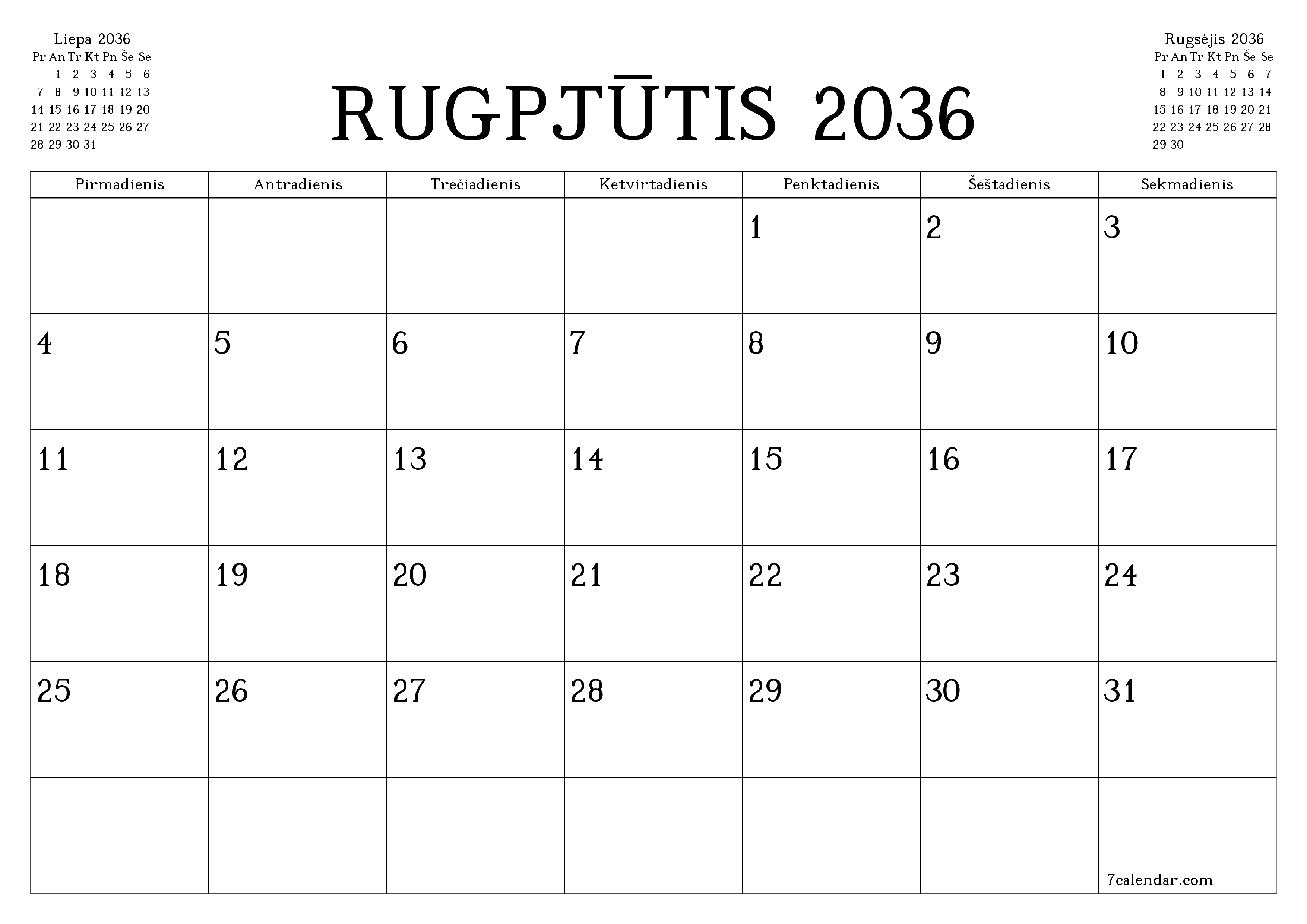 Ištuštinti mėnesio Rugpjūtis 2036 mėnesio planavimo priemonę su užrašais, išsaugoti ir atsispausdinti PDF formate PNG Lithuanian