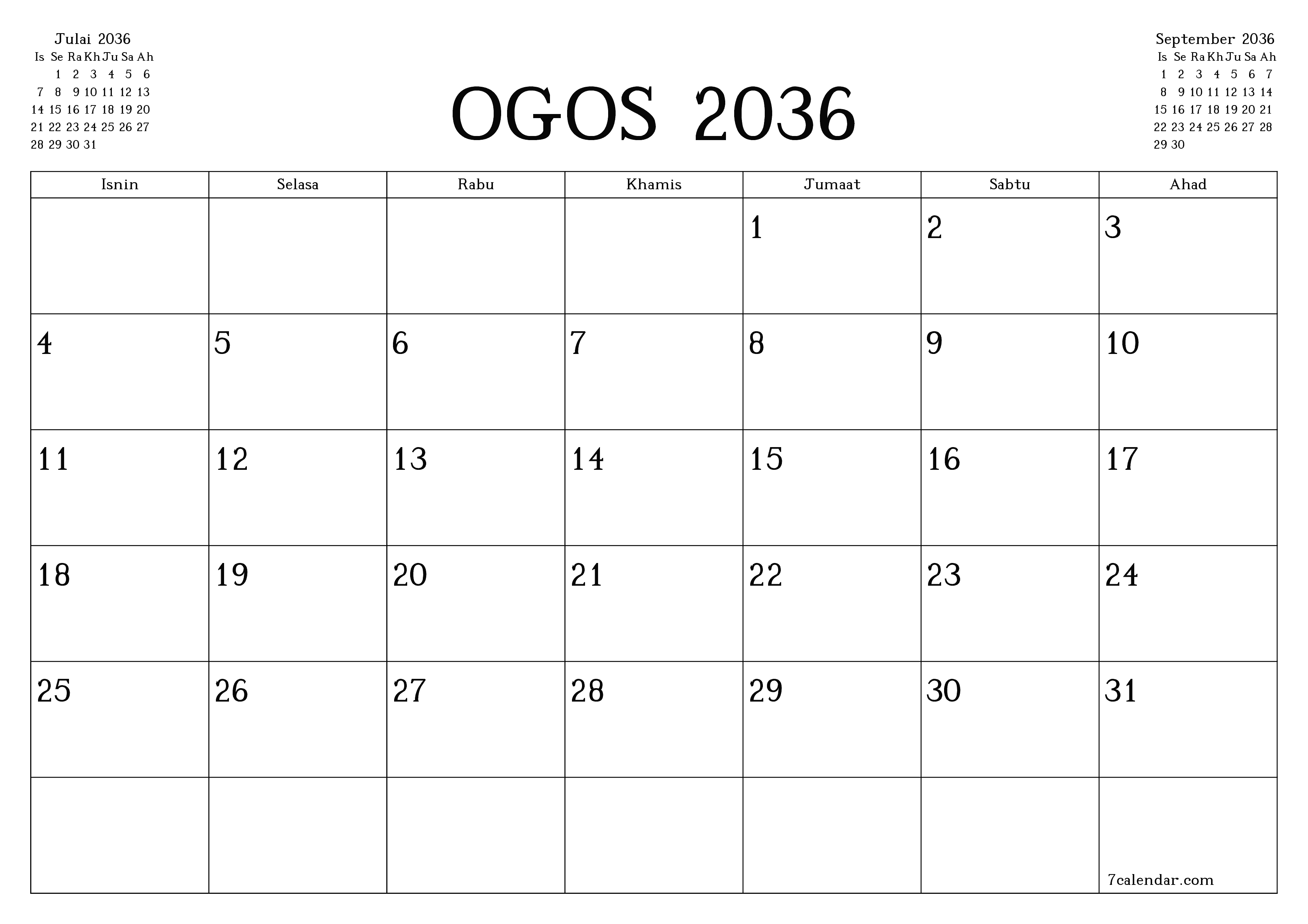 Perancang bulanan kosong untuk bulan Ogos 2036 dengan nota, simpan dan cetak ke PDF PNG Malay