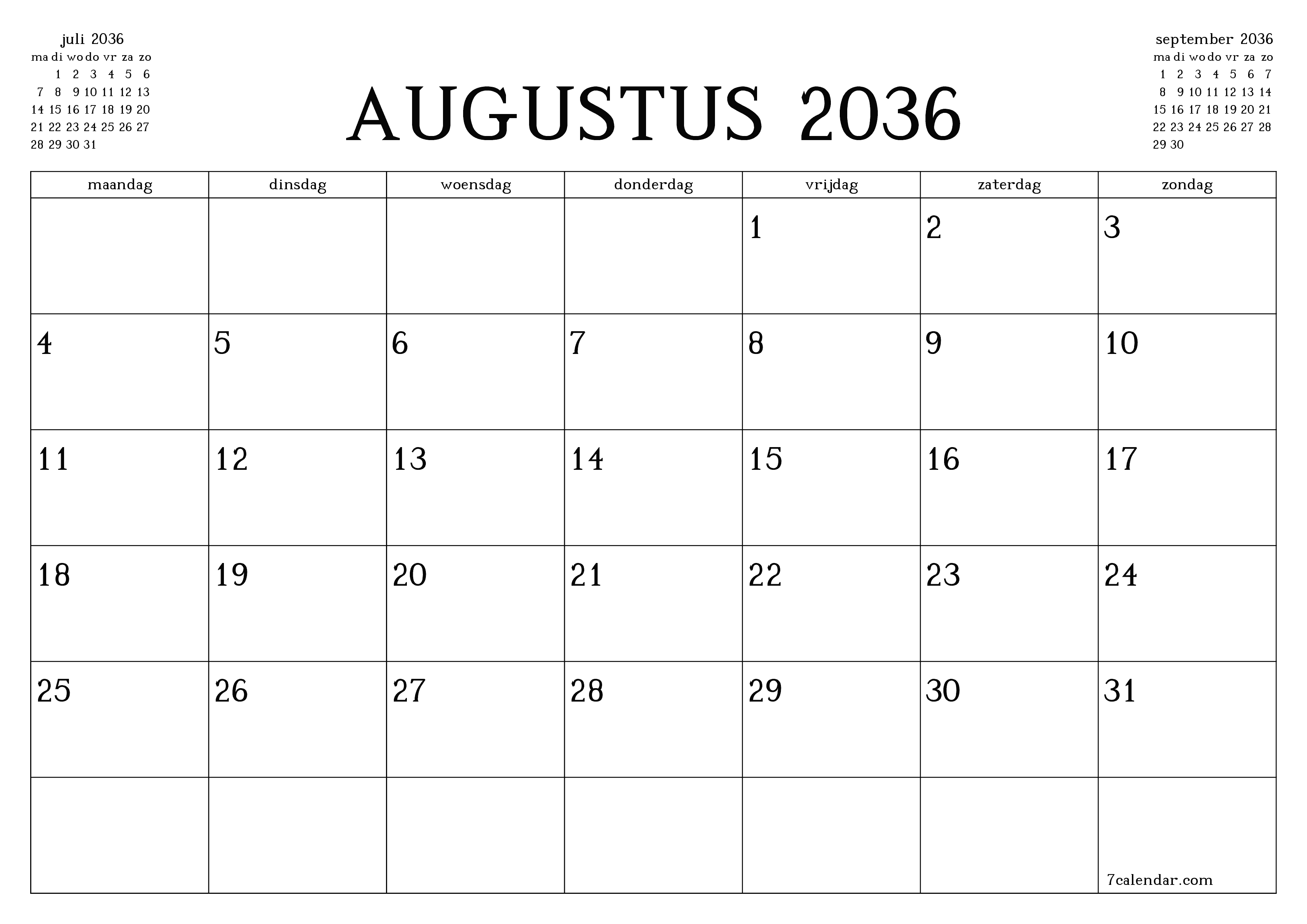 Lege maandplanner voor maand augustus 2036 met notities, opslaan en afdrukken naar pdf PNG Dutch