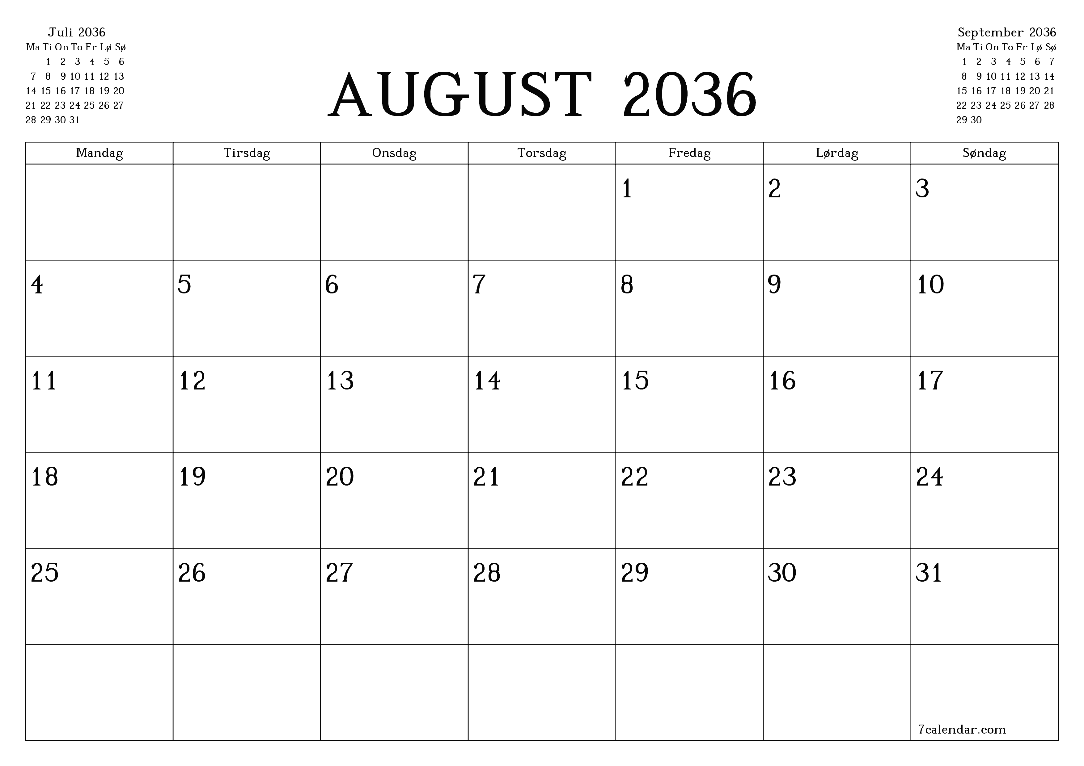 Tom månedlig planlegger for måned August 2036 med notater, lagre og skriv ut til PDF PNG Norwegian