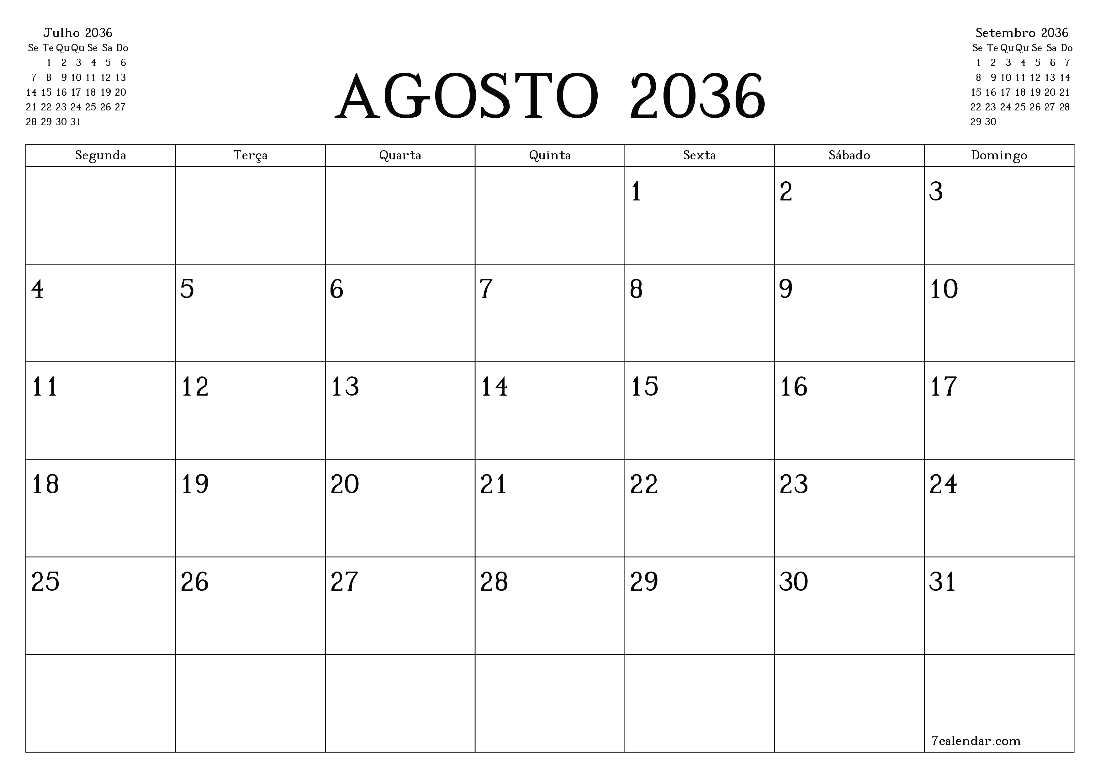 Esvazie o planejador mensal para o mês Agosto 2036 com notas, salve e imprima em PDF PNG Portuguese