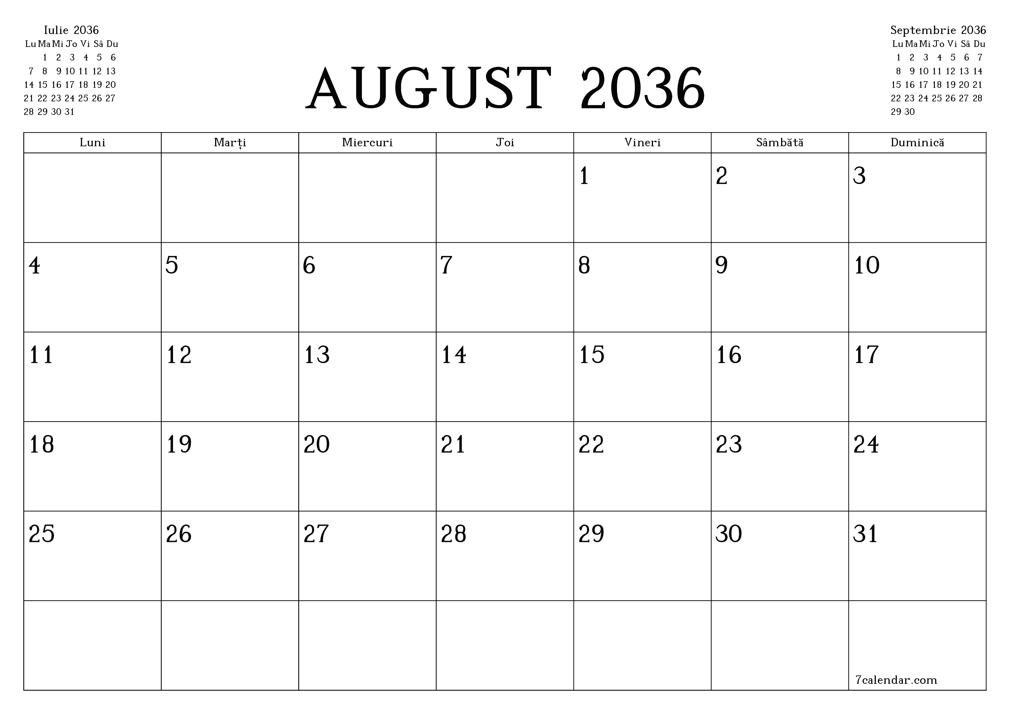 Planificator lunar gol pentru luna August 2036 cu note, salvați și tipăriți în PDF PNG Romanian
