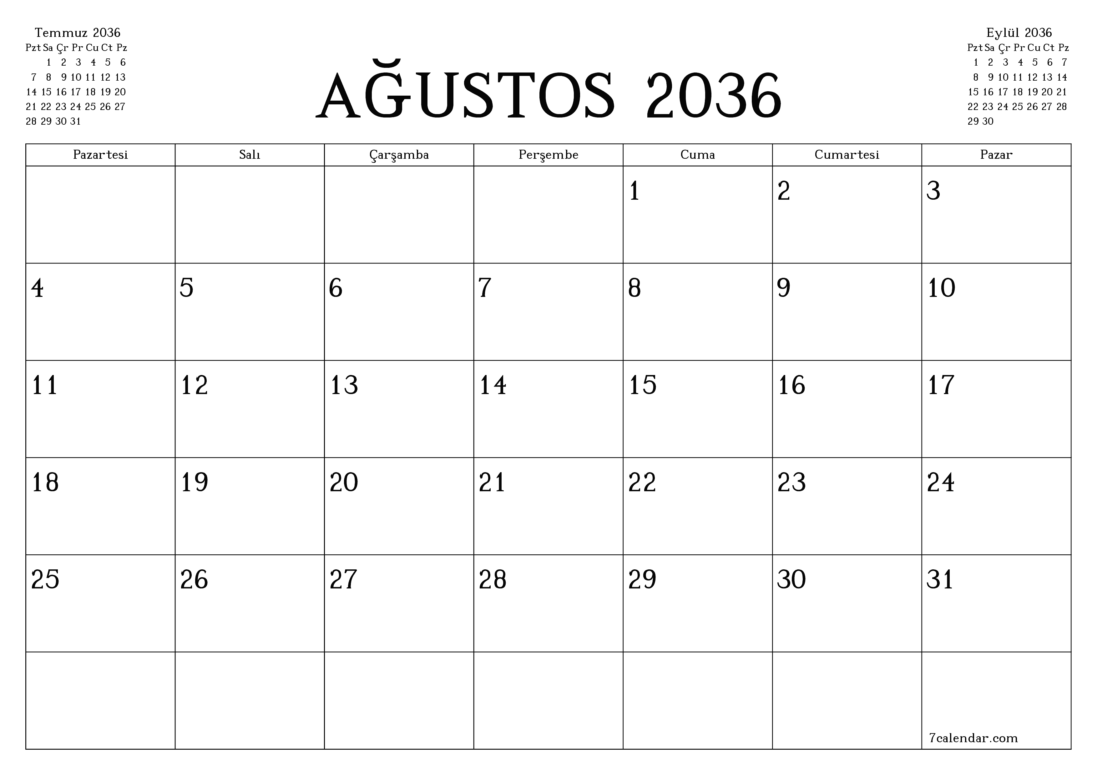 Ağustos 2036 ayı için notlarla birlikte boş aylık planlayıcı, kaydedin ve PDF'ye yazdırın PNG Turkish