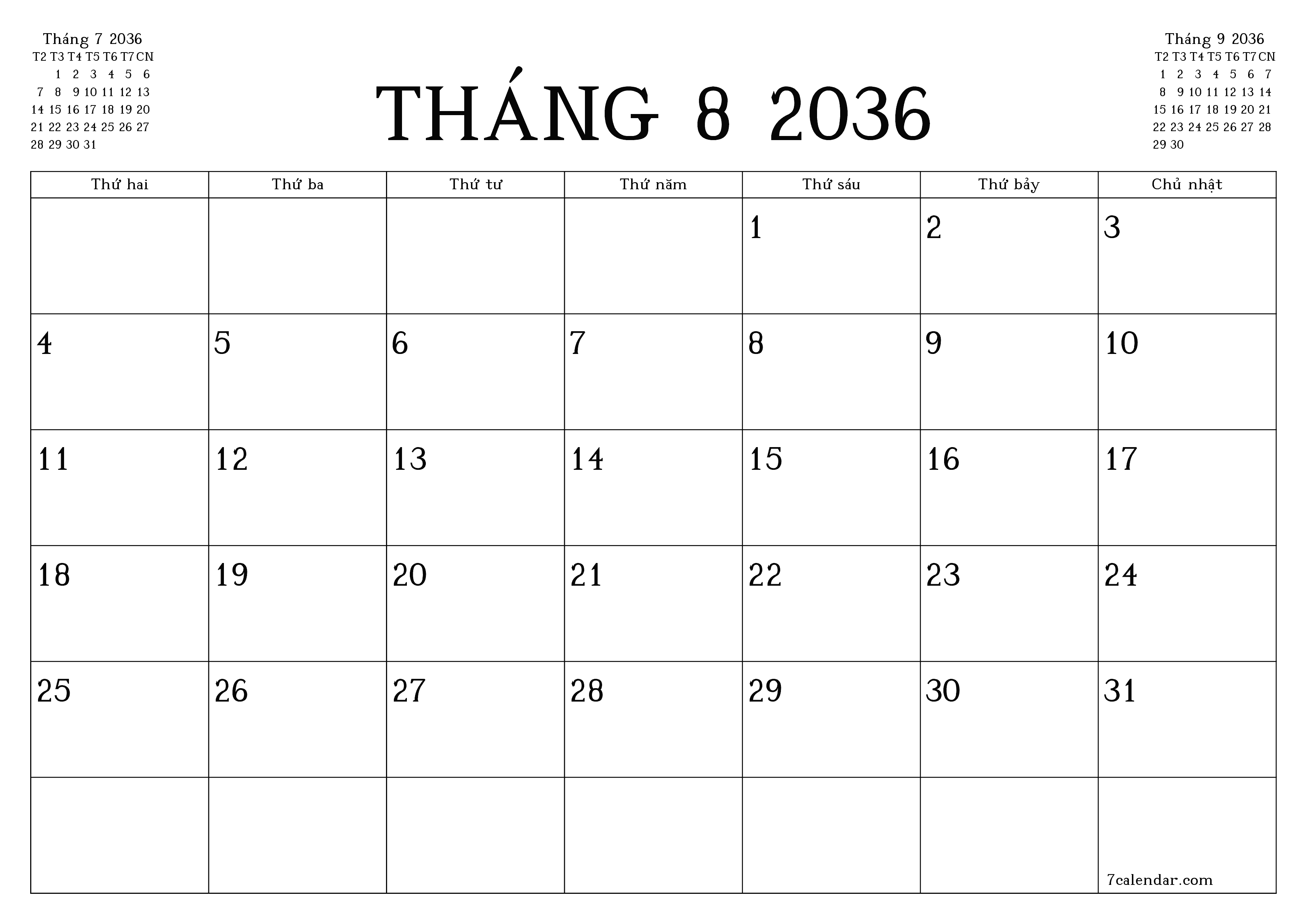 Công cụ lập kế hoạch hàng tháng trống cho tháng Tháng 8 2036 có ghi chú, lưu và in sang PDF PNG Vietnamese
