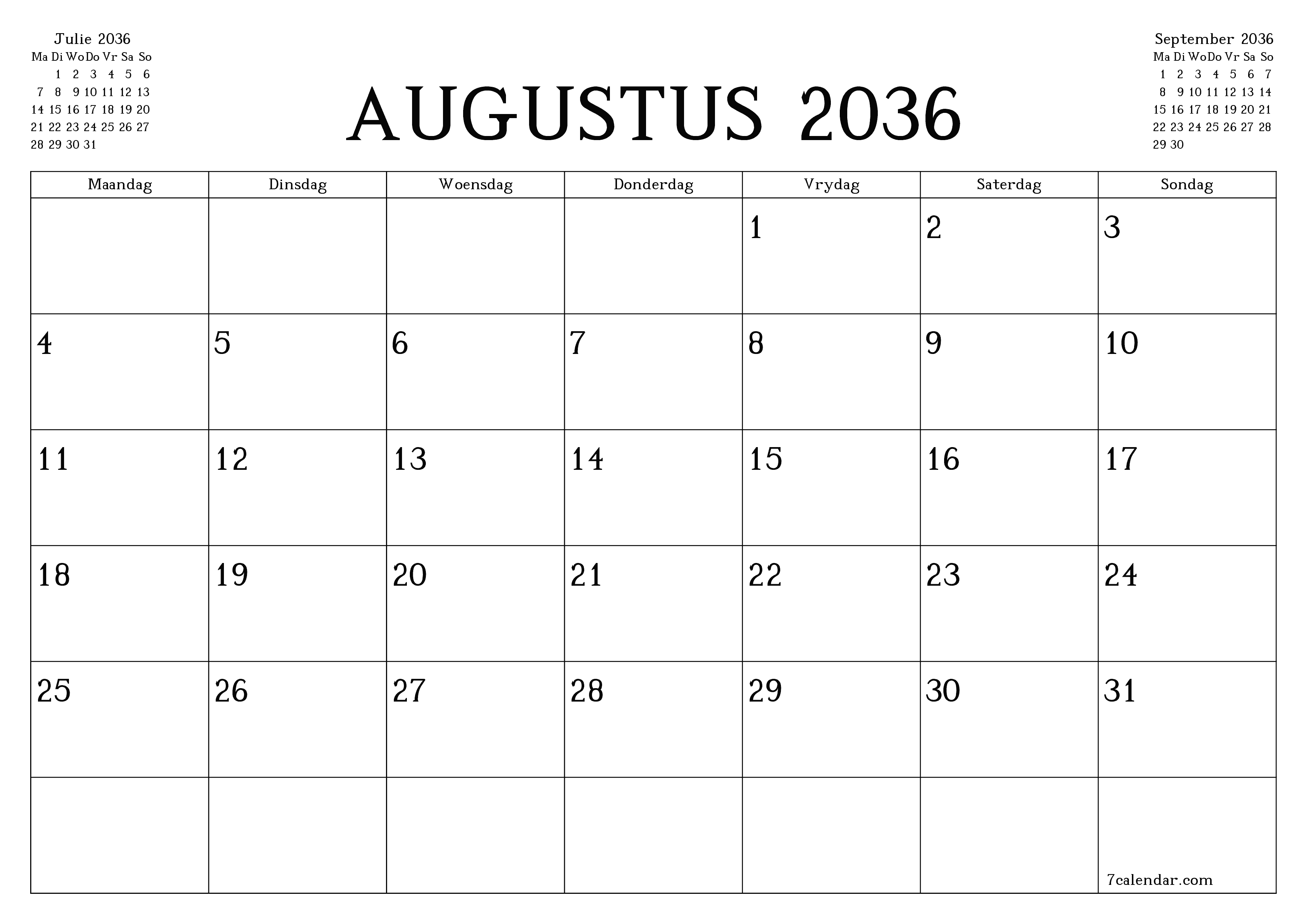 Leë maandelikse drukbare kalender en beplanner vir maand Augustus 2036 met notas stoor en druk na PDF PNG Afrikaans