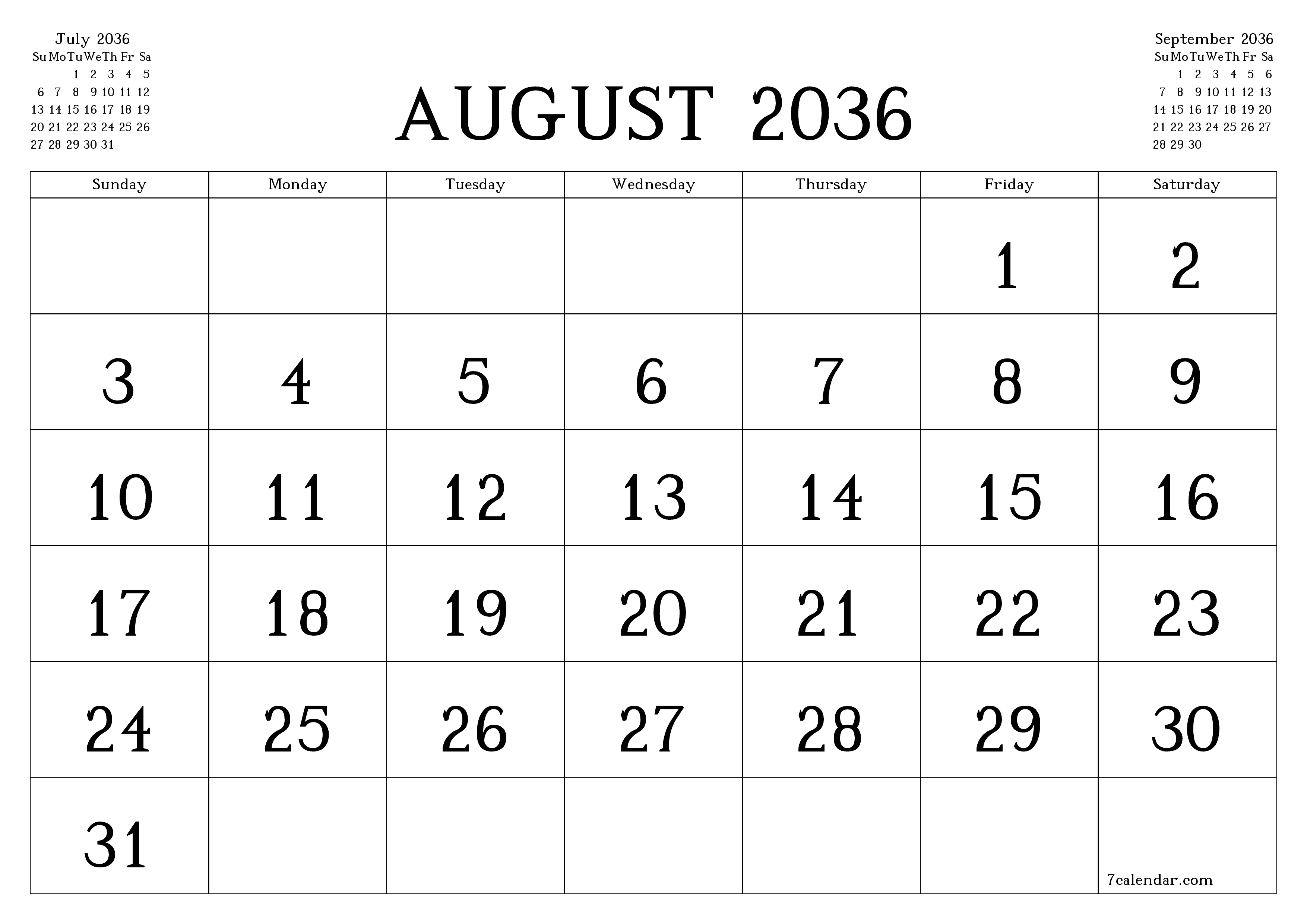 Blank calendar August 2036