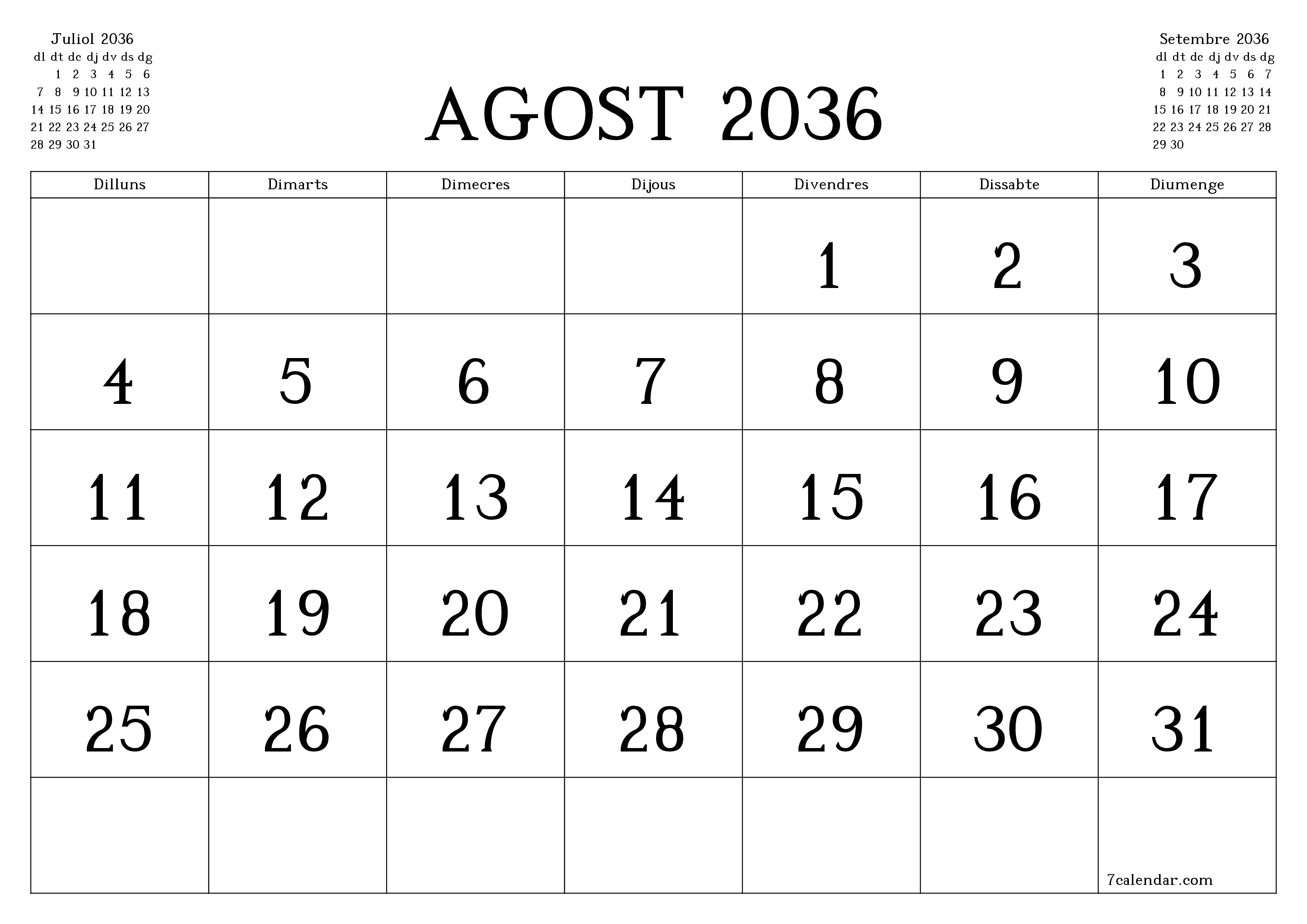  imprimible de paret plantilla de gratuïthoritzontal Mensual calendari Agost (Ago) 2036