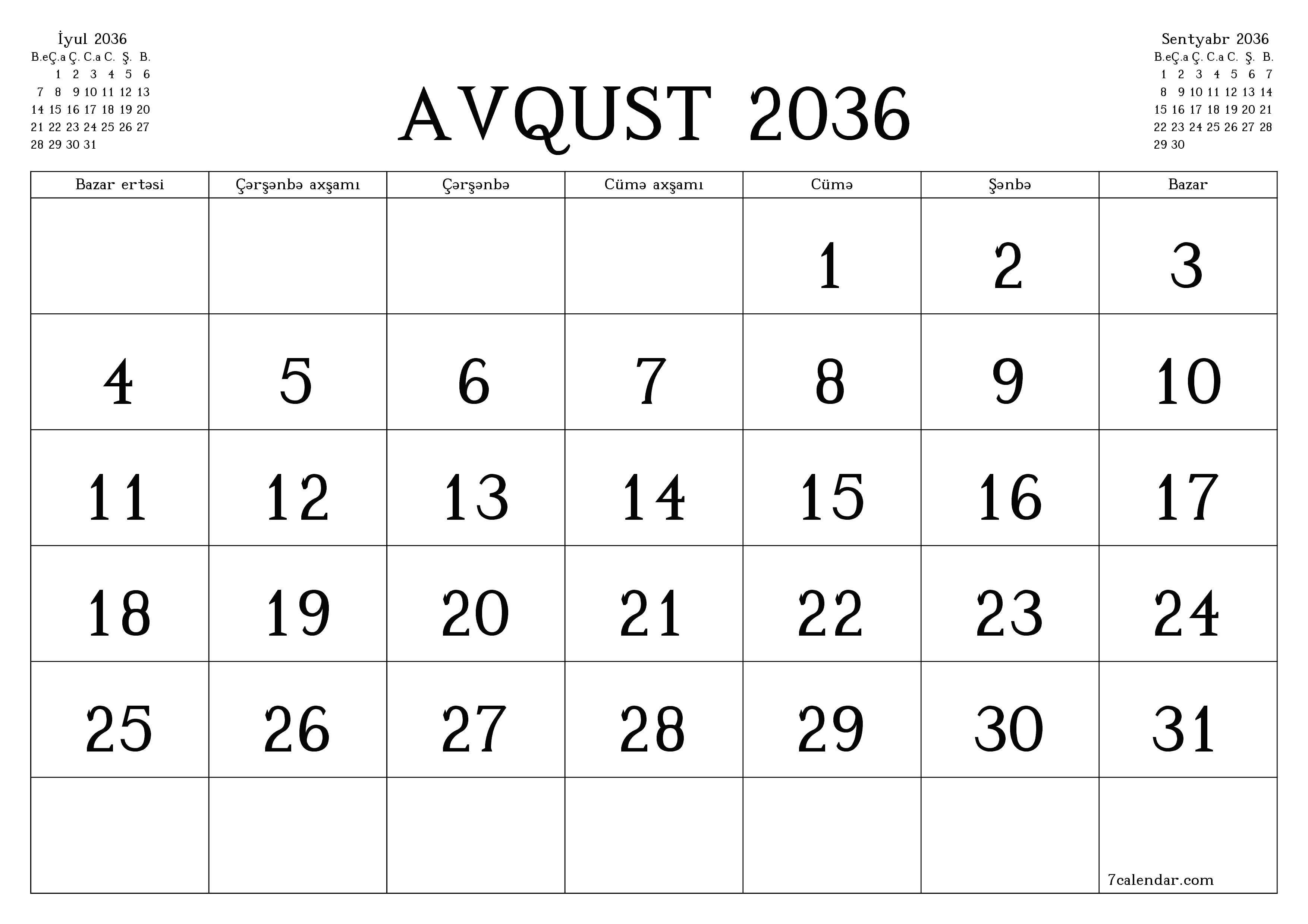 Avqust 2036 ayı üçün qeydlər ilə boş aylıq planlayıcı, qeyd edin və PDF-ə yazdırın PNG Azerbaijani