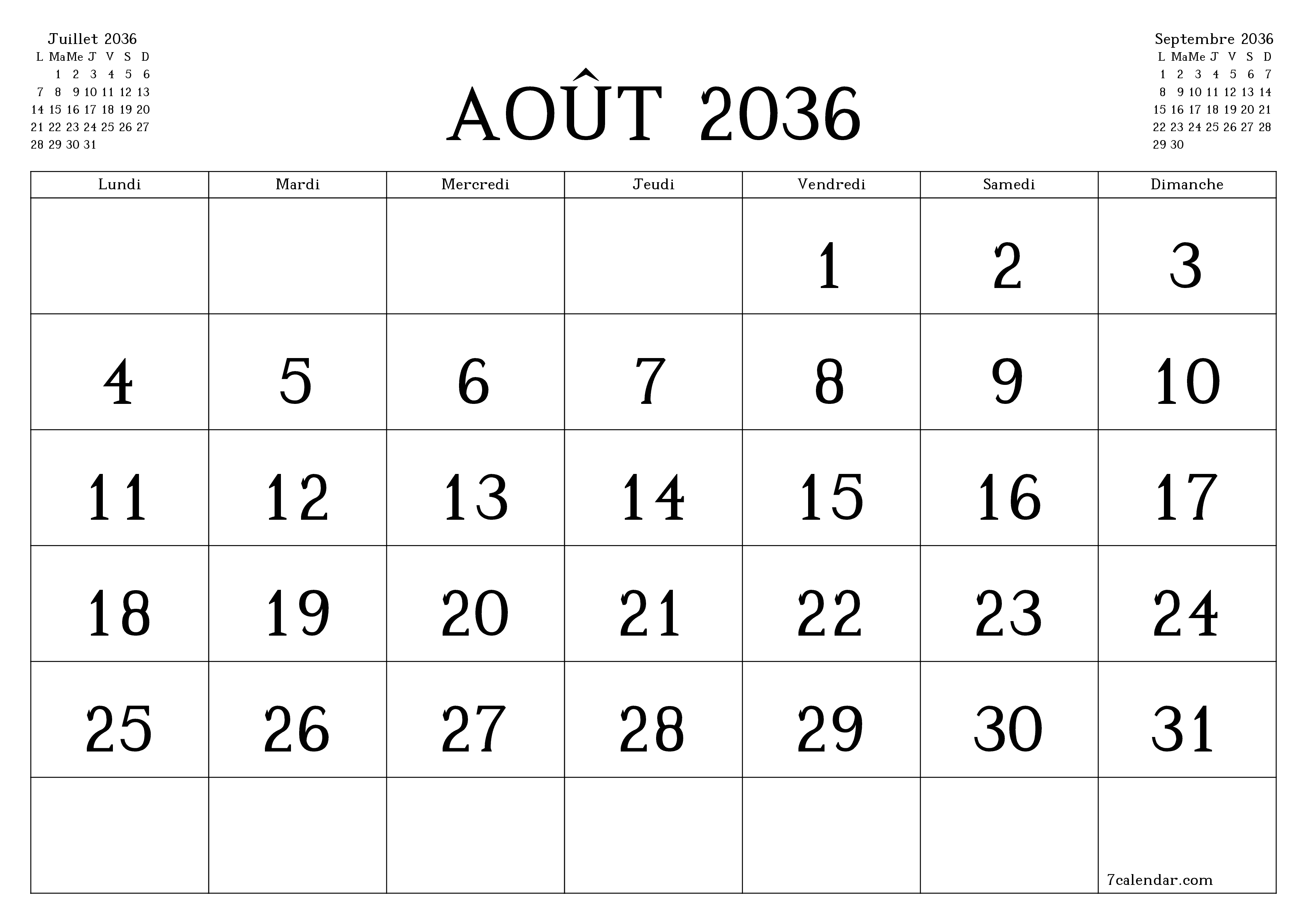 Agenda mensuel vide pour le mois Août 2036 avec notes, enregistrez et imprimez au format PDF PNG French