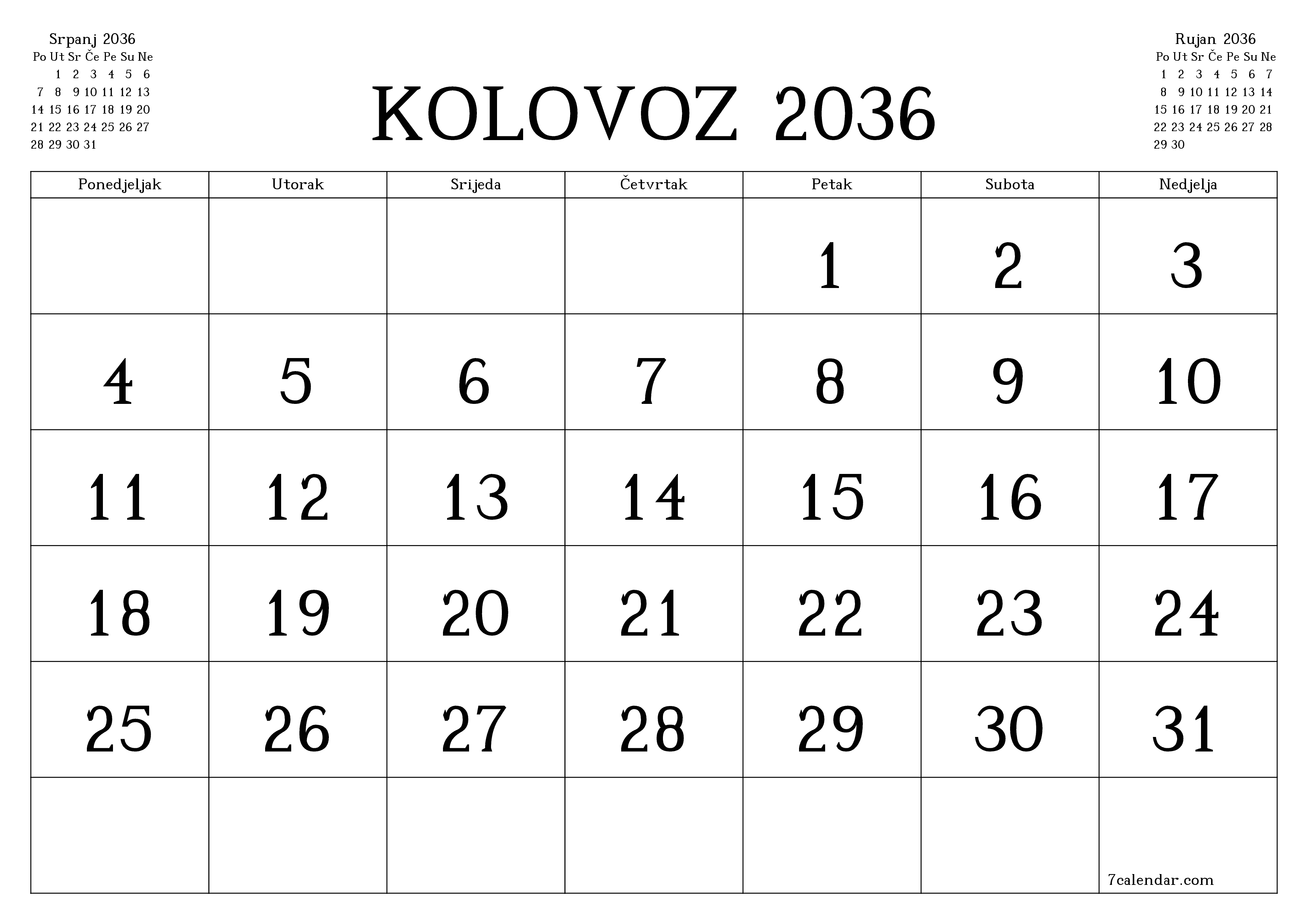 Ispraznite mjesečni planer za mjesec Kolovoz 2036 s bilješkama, spremite i ispišite u PDF PNG Croatian