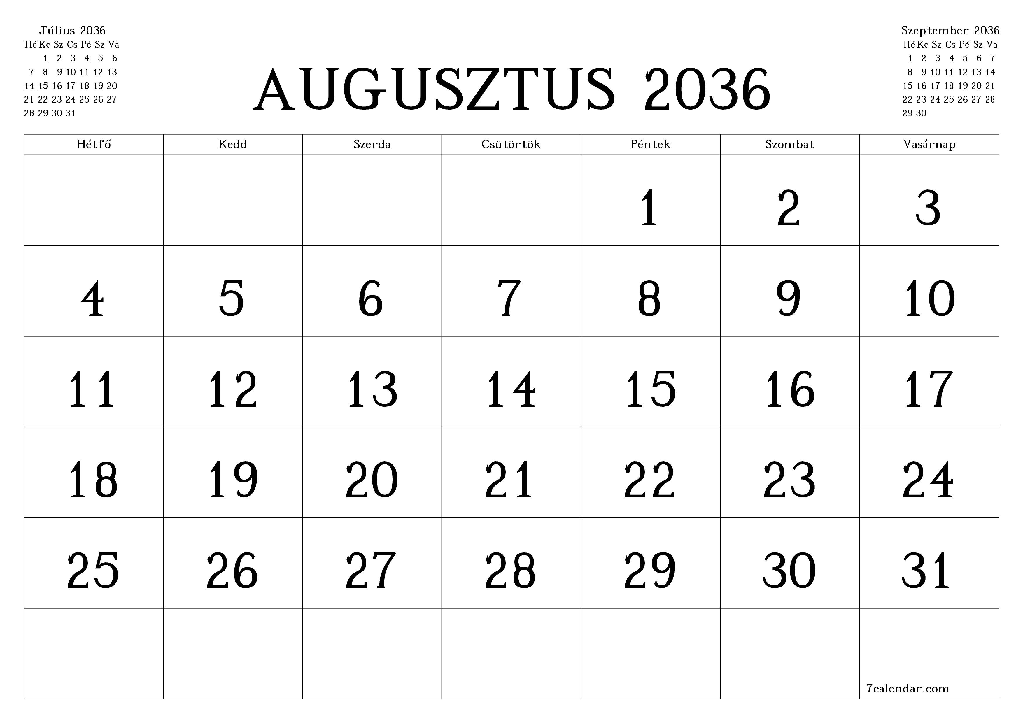 Üres havi tervező a Augusztus 2036 hónapra jegyzetekkel, mentés és nyomtatás PDF-be PNG Hungarian