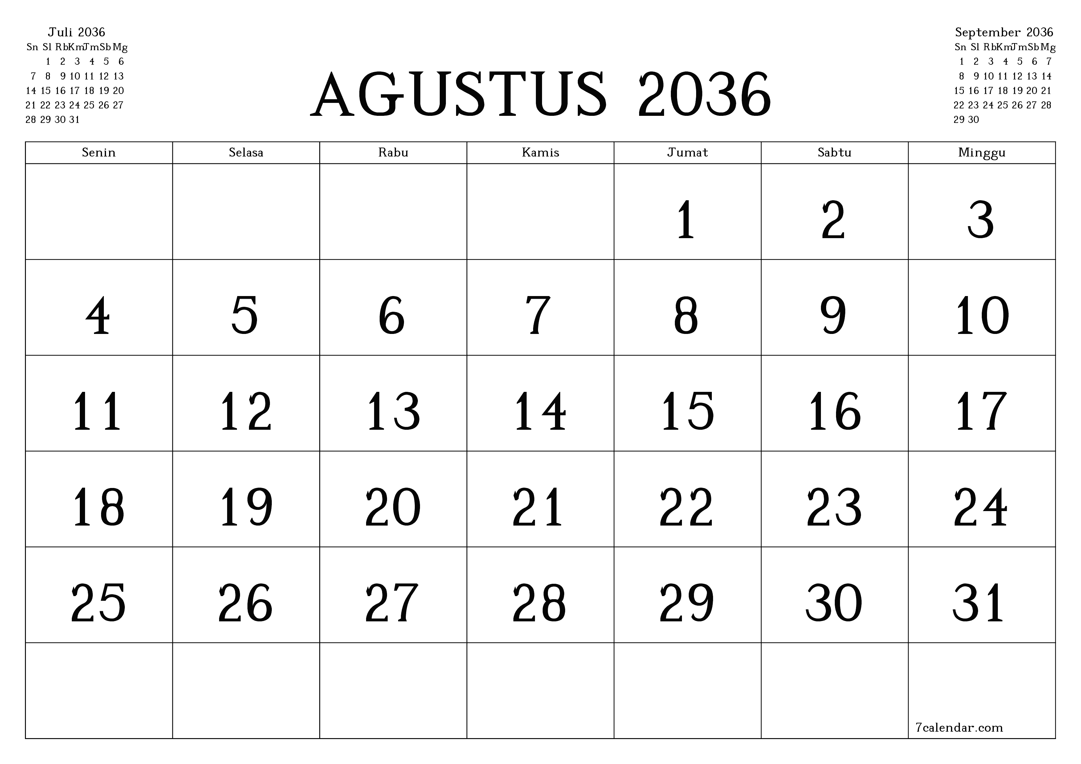  yang dapat dicetak dinding templat gratishorisontal Bulanan kalender Agustus (Agt) 2036
