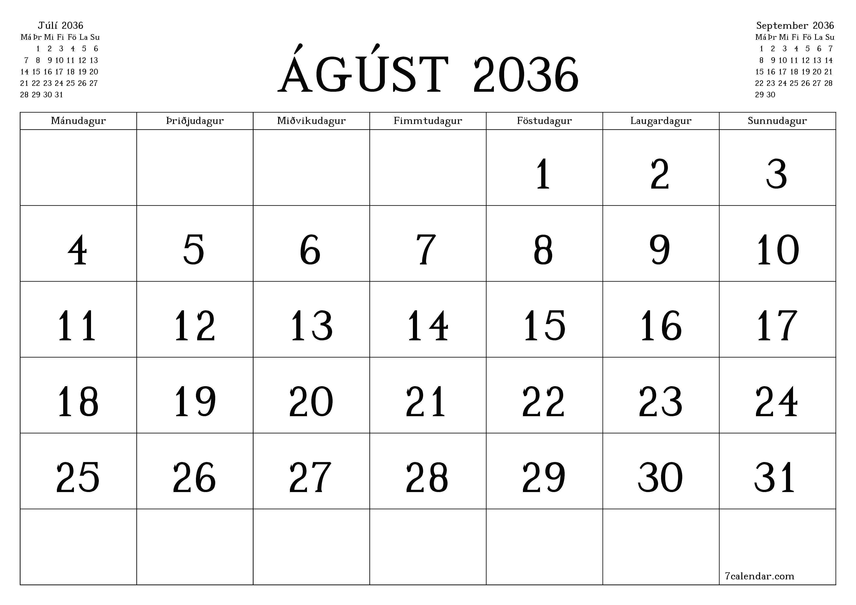 Tómur mánaðarlegur skipuleggjandi fyrir mánuðinn Ágúst 2036 með athugasemdum, vista og prenta á PDF PNG Icelandic