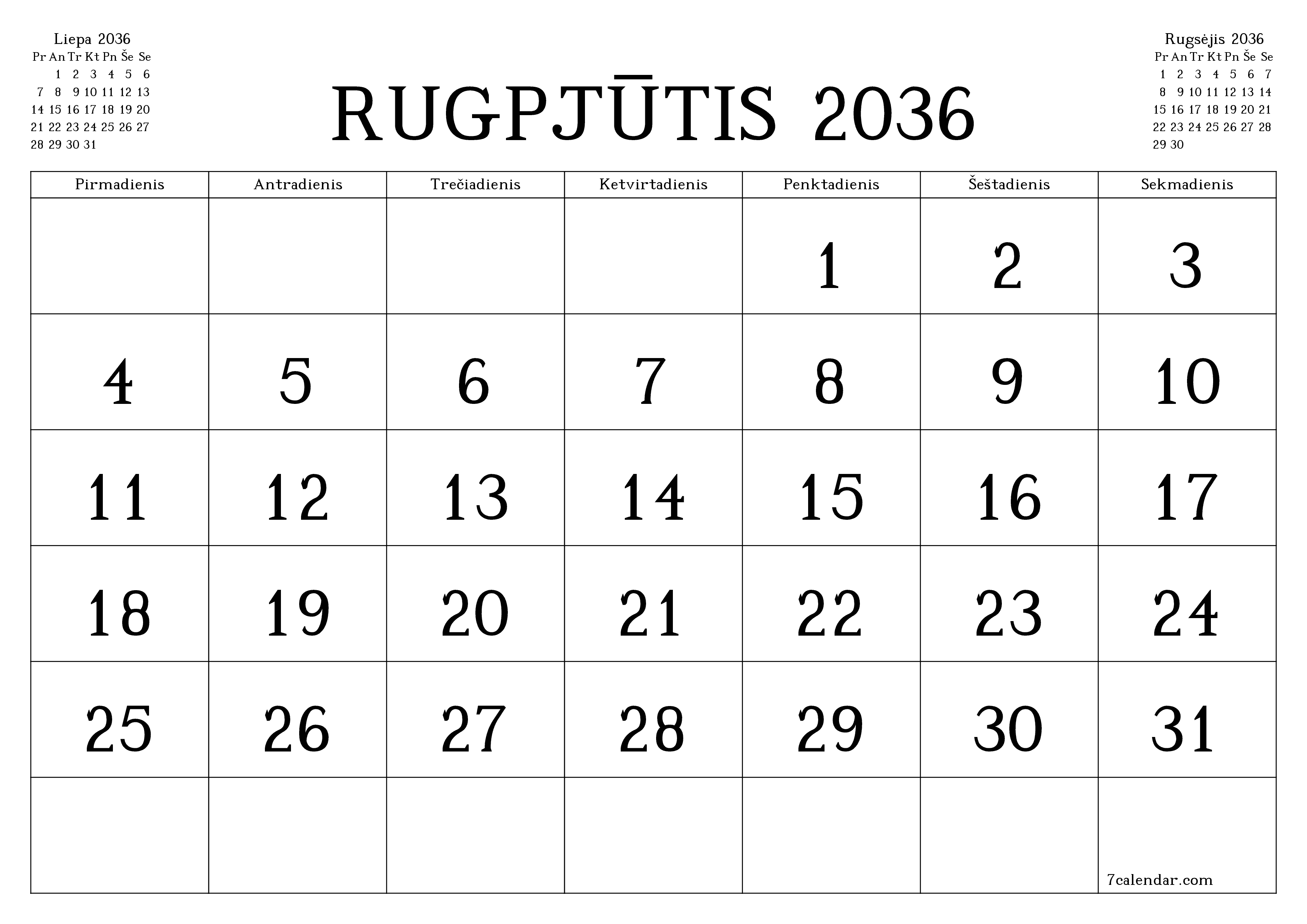 Ištuštinti mėnesio Rugpjūtis 2036 mėnesio planavimo priemonę su užrašais, išsaugoti ir atsispausdinti PDF formate PNG Lithuanian