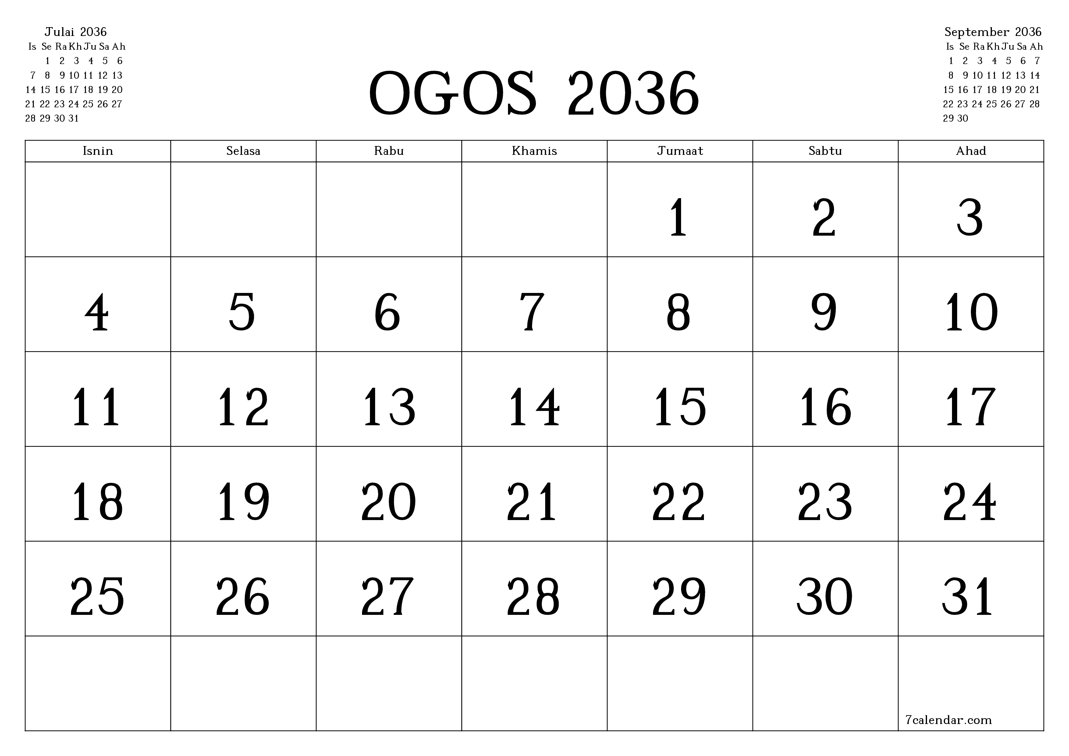 Perancang bulanan kosong untuk bulan Ogos 2036 dengan nota, simpan dan cetak ke PDF PNG Malay