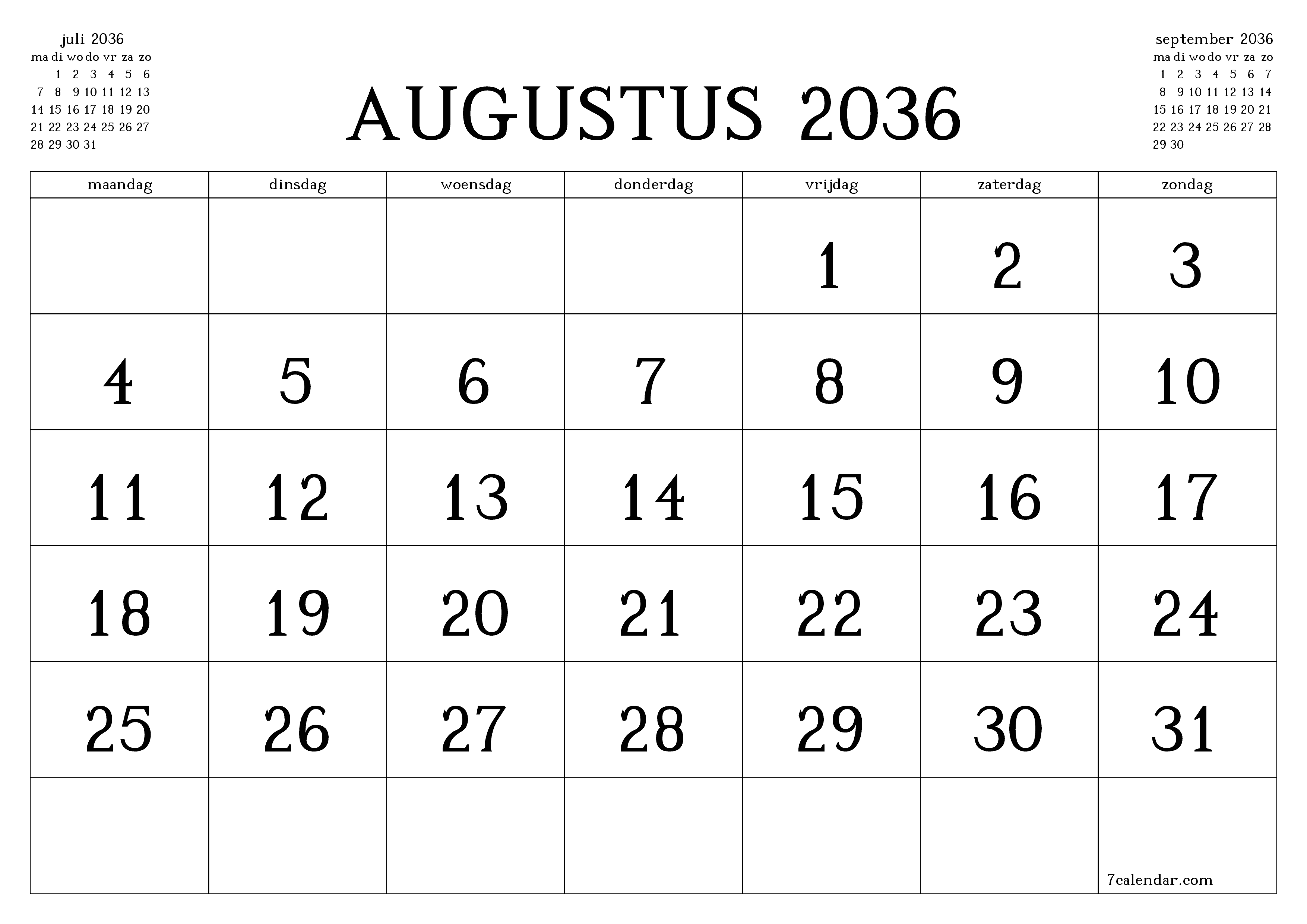 Lege maandplanner voor maand augustus 2036 met notities, opslaan en afdrukken naar pdf PNG Dutch