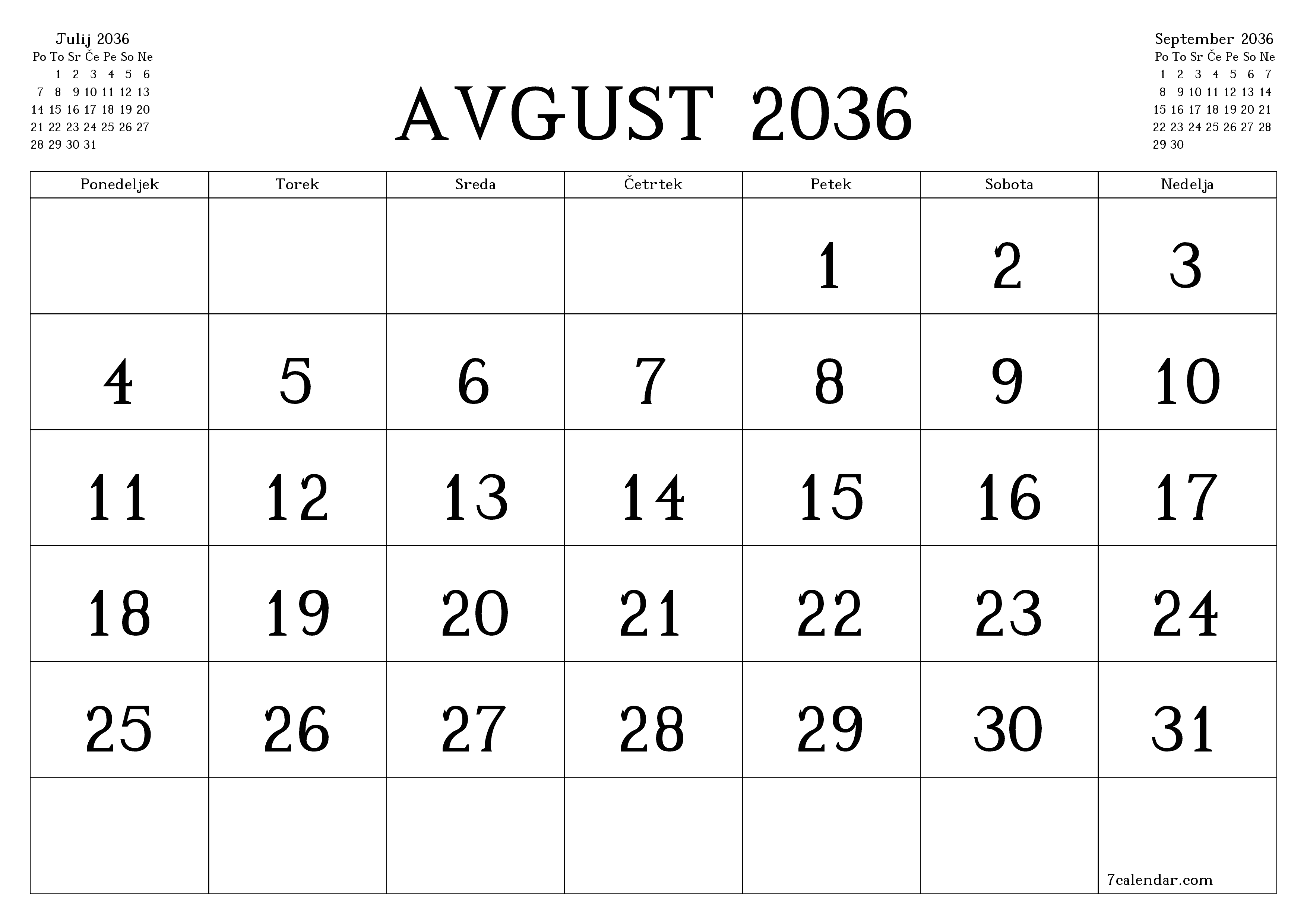 natisljiv stenski ska predloga brezplačni vodoravno Mesečno koledar Avgust (Avg) 2036