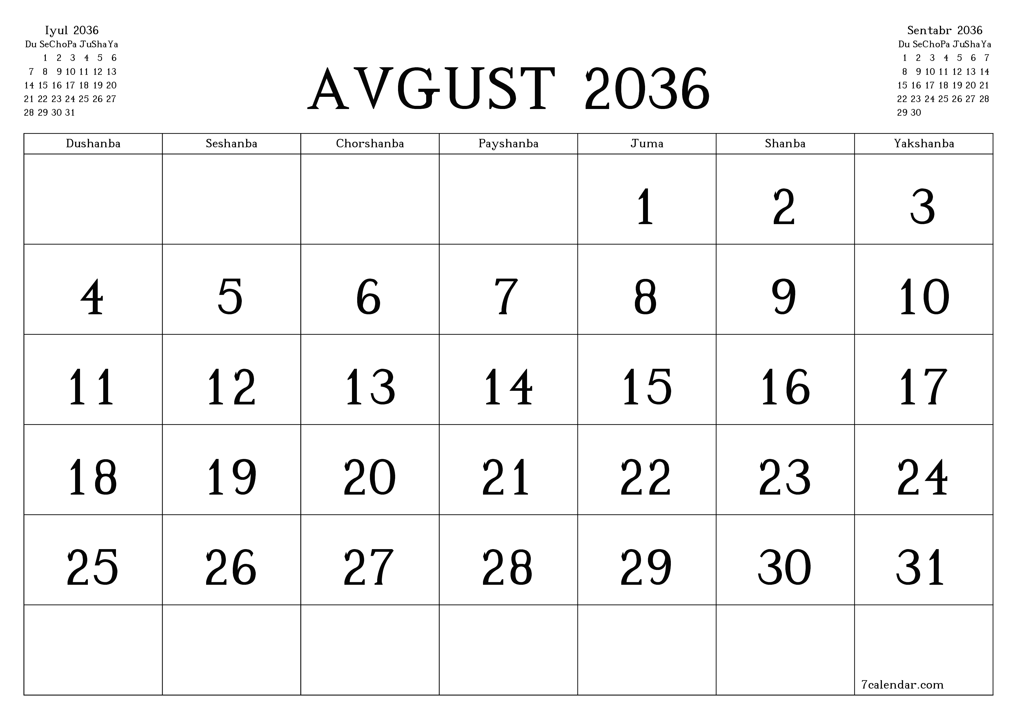 Avgust 2036 oylik oylik rejalashtiruvchini yozuvlar bilan bo'shatish, saqlash va PDF-ga chop etish PNG Uzbek