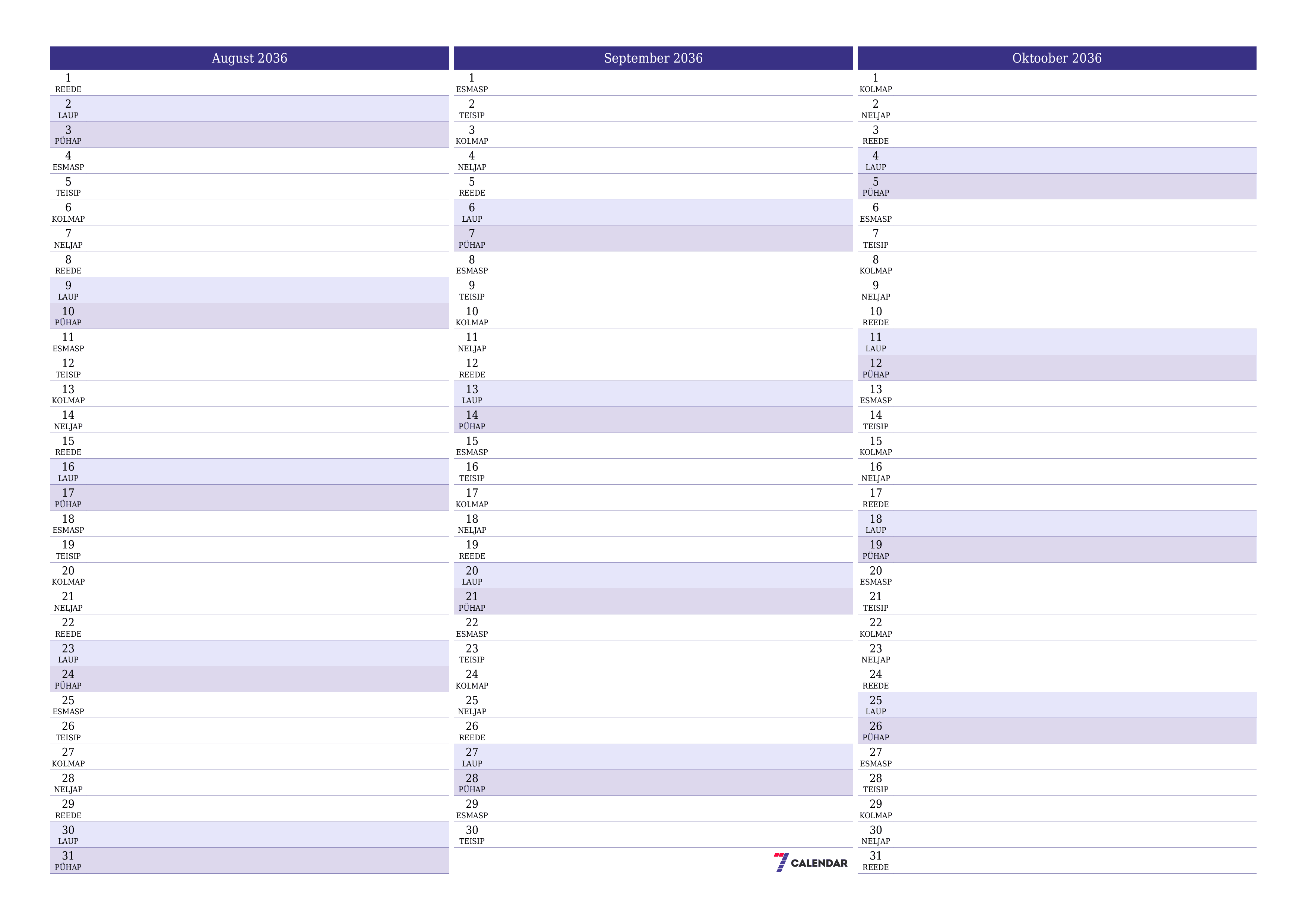 Tühjendage kuu August 2036 kuuplaneerija märkmetega, salvestage ja printige PDF-i PNG Estonian