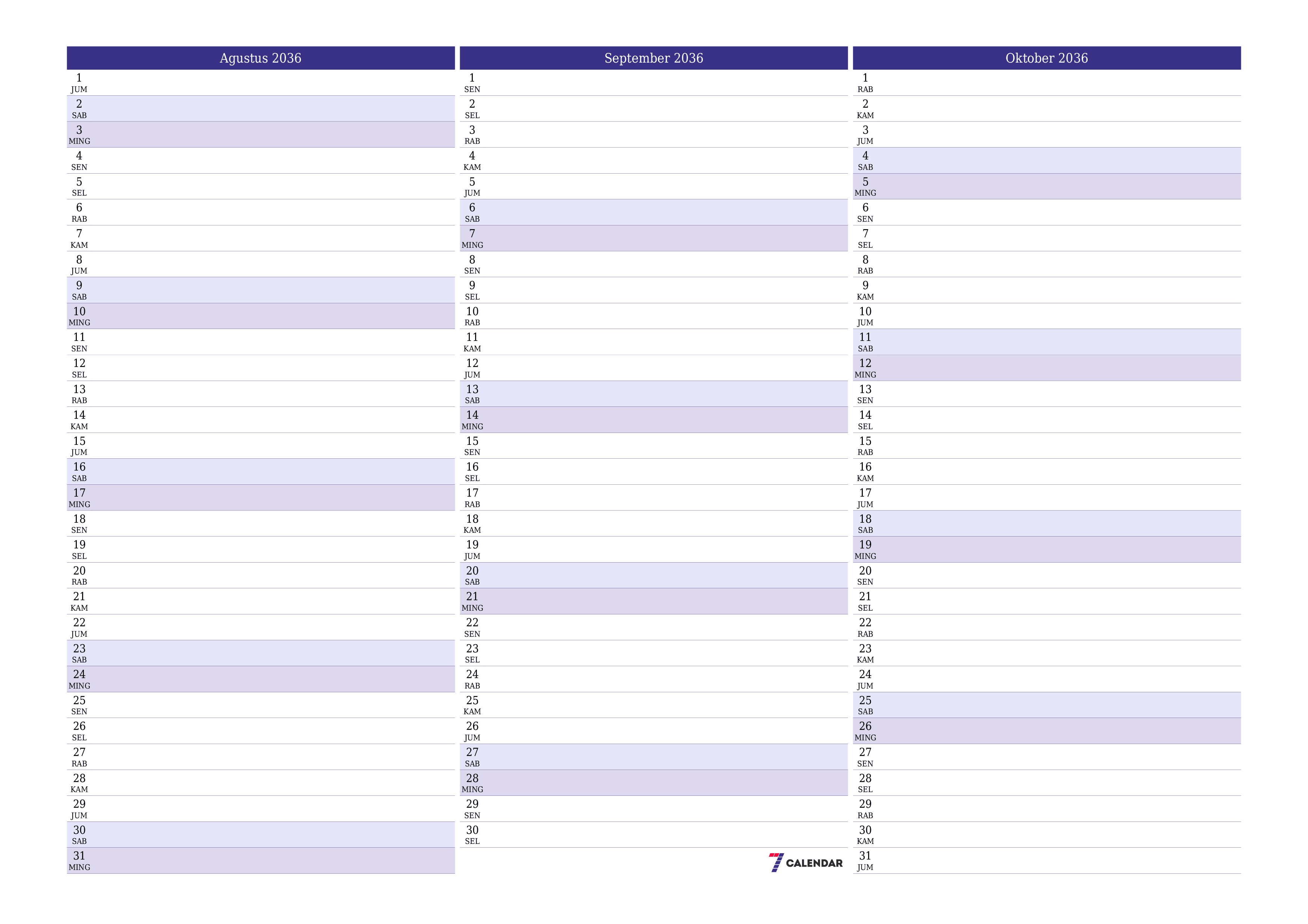 Kosongkan agenda bulanan untuk bulan Agustus 2036 dengan catatan, simpan dan cetak ke PDF PNG Indonesian