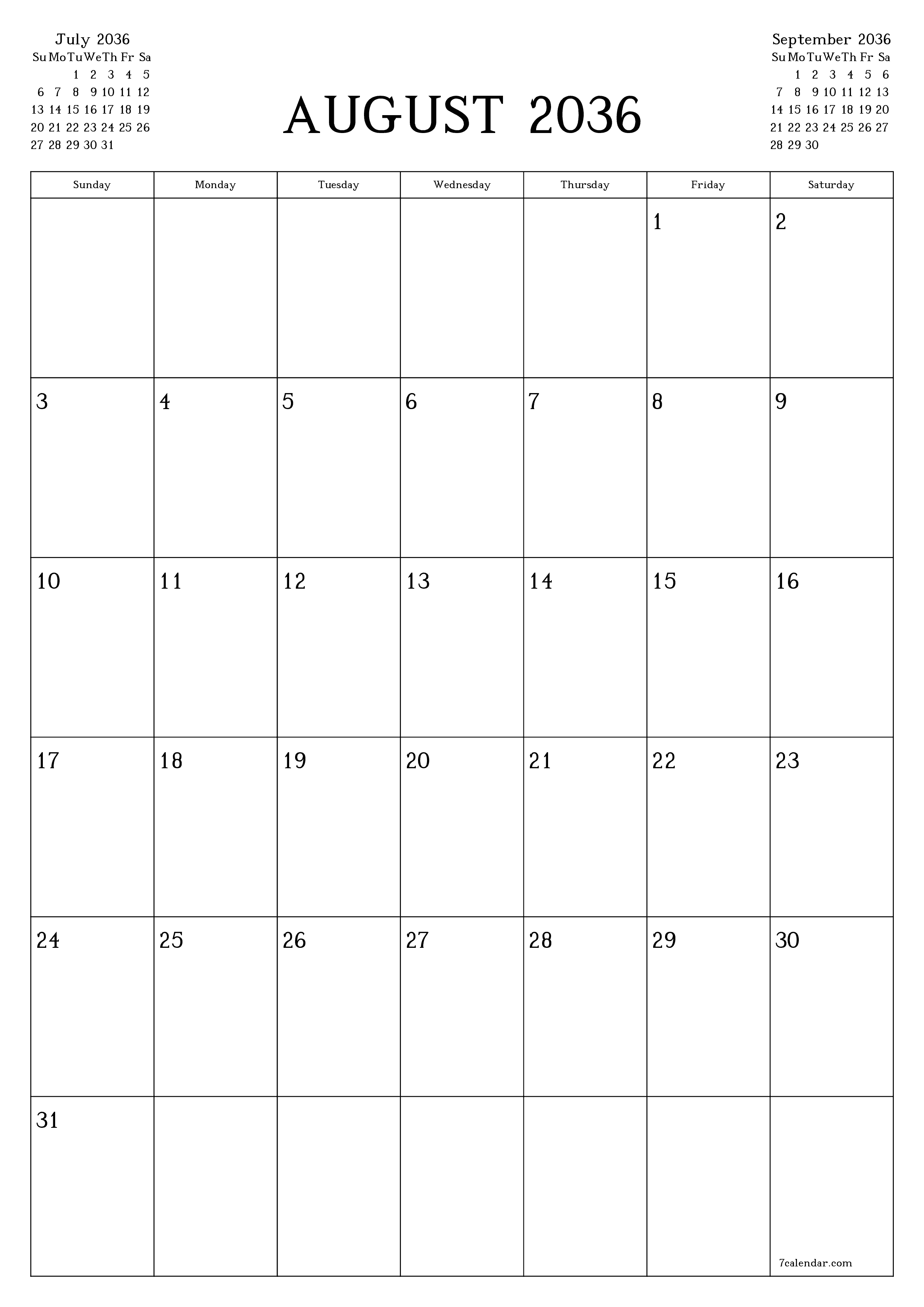 printable wall template free vertical Monthly planner calendar August (Aug) 2036