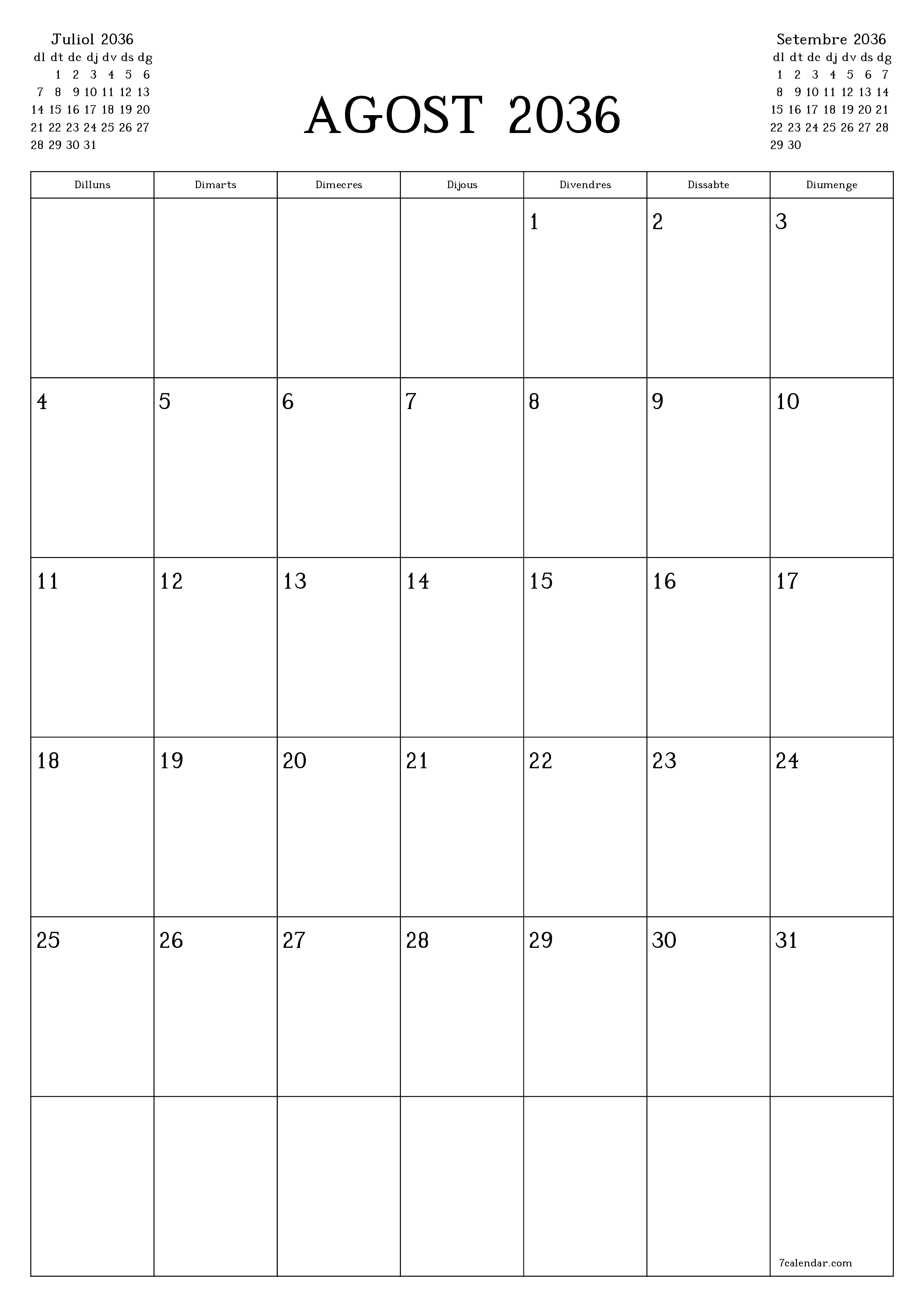  imprimible de paret plantilla de gratuïtvertical Mensual planificador calendari Agost (Ago) 2036