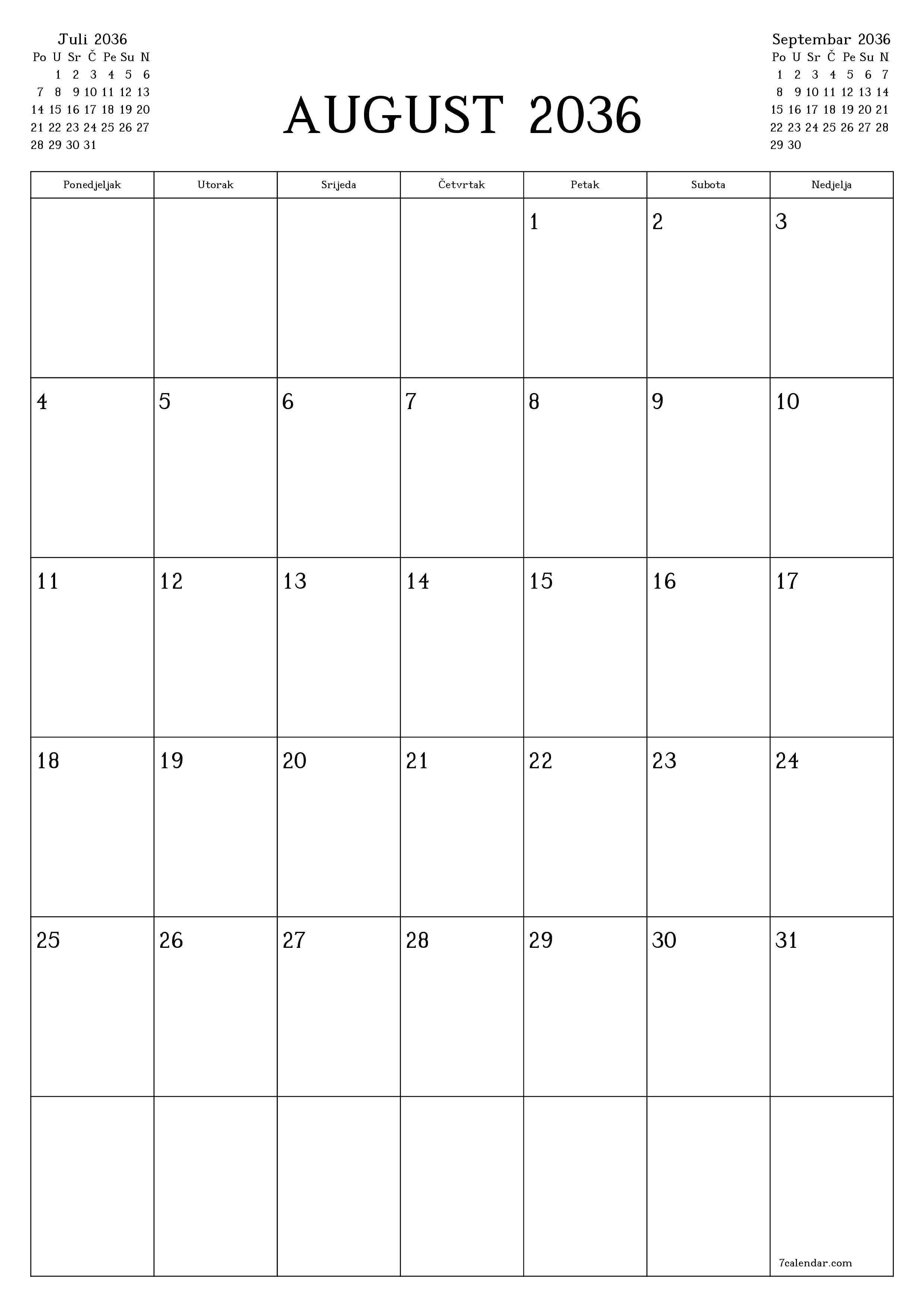  za štampanje zidni šablon a besplatni vertikalno Mjesečno planer kalendar August (Aug) 2036