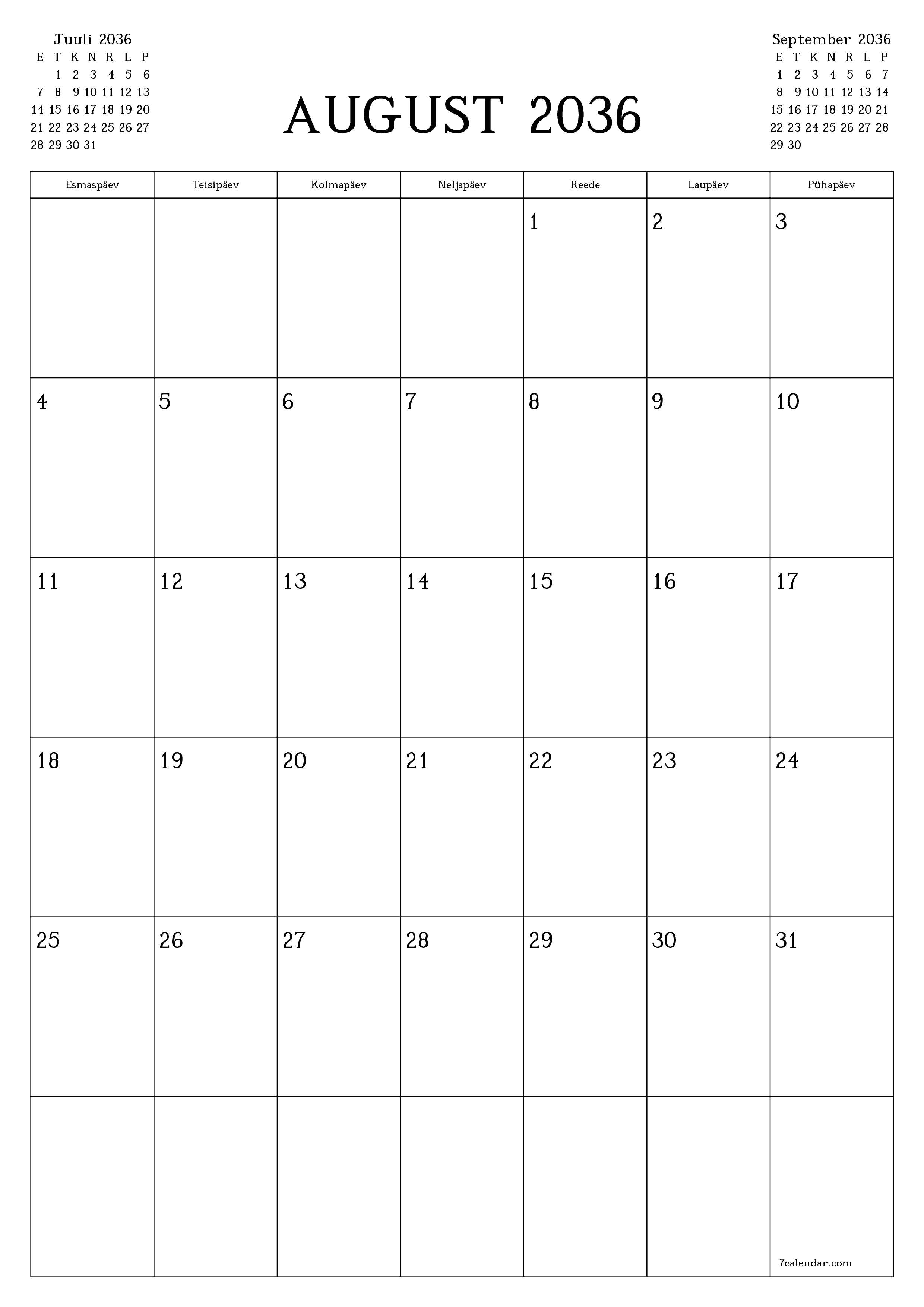 prinditav seina kalendri mall tasuta vertikaalne Igakuine planeerija kalender August (Aug) 2036
